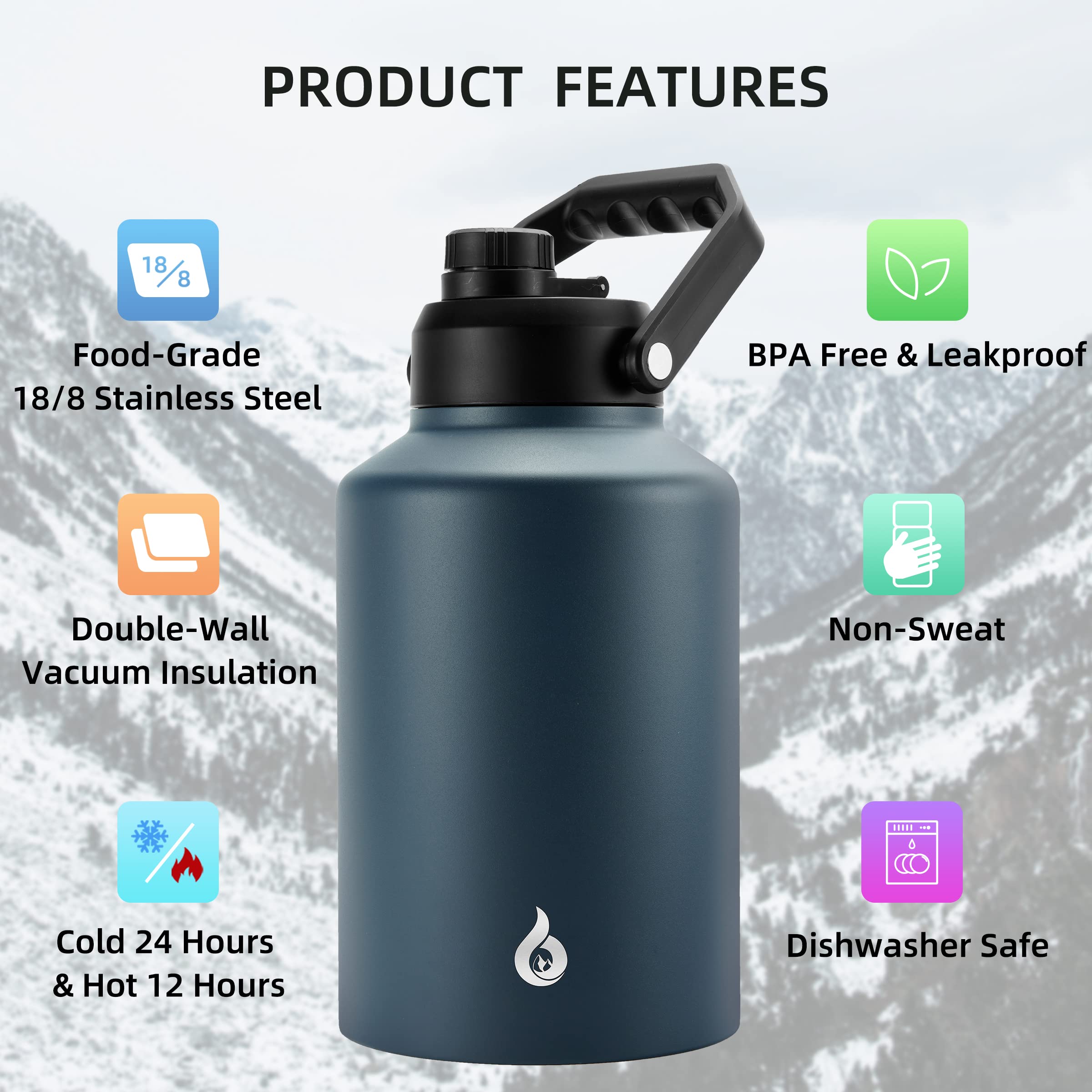 Bjpkpk One Gallon(128 Oz) Insulated Water Bottle, Dishwasher Safe Stainless Steel Thermos, Bpa Free Jug With Ergonomic Handle &