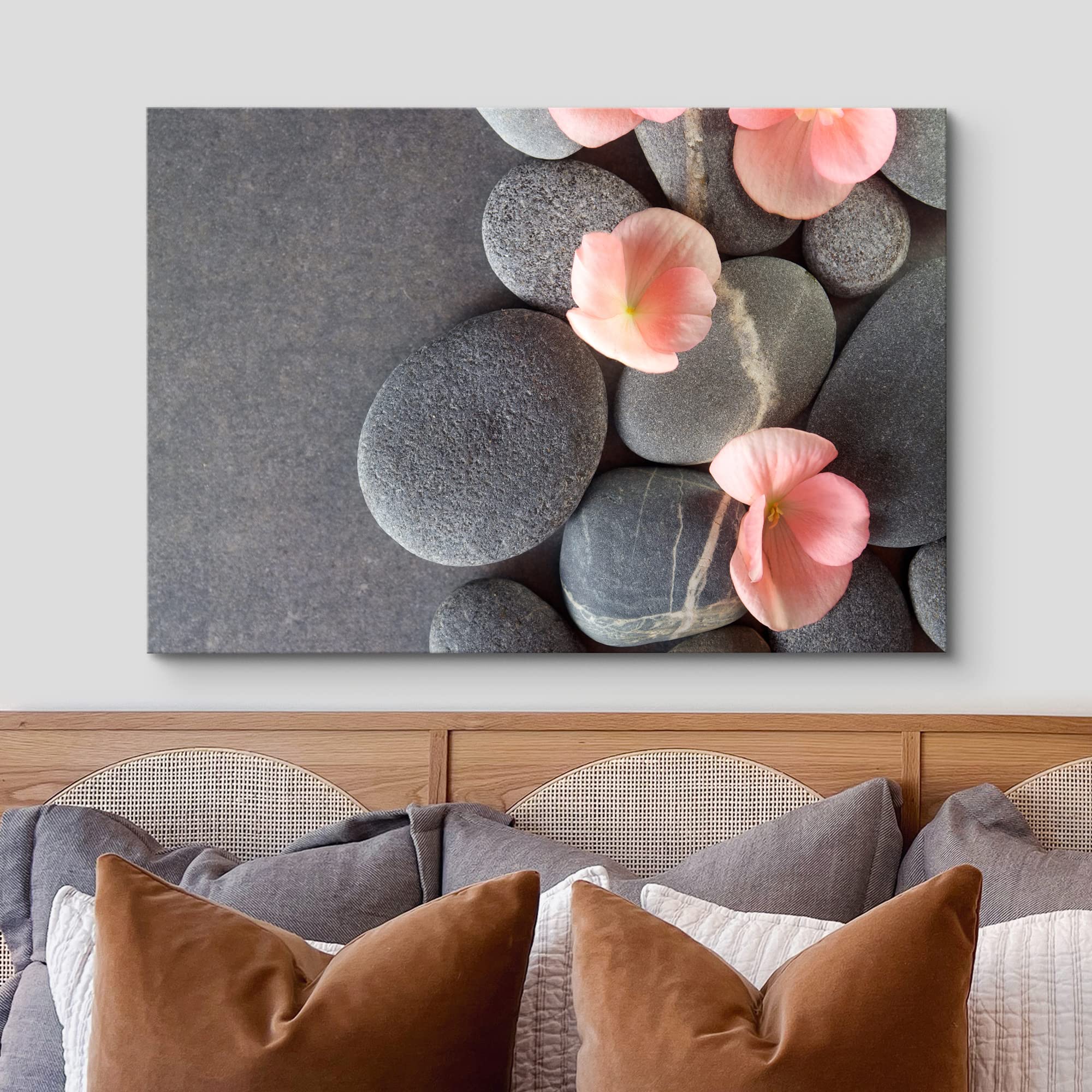 Wall26 Canvas Print Wall Art Gray Stones With Pink Daisy Flowers Floral Nature Photography Realism Bohemian Scenic Relax/Calm Co