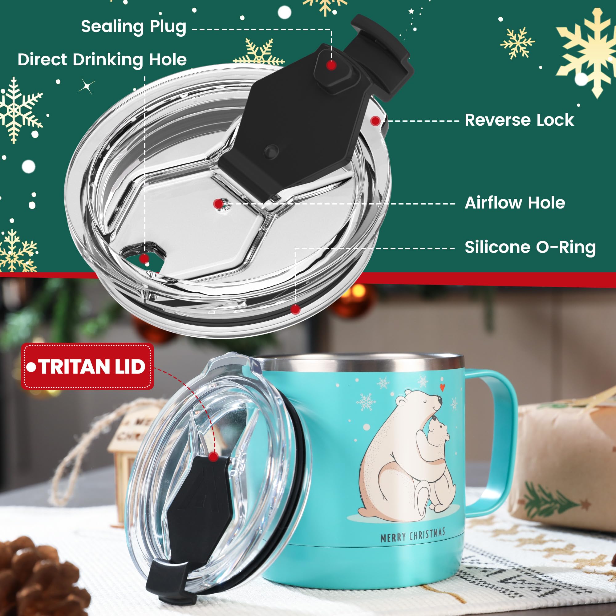 HAUSHOF 14oz Christmas Mug, Stainless Steel Coffee Mugs with Lid and Handle, Insulated Coffee Cups, Ideal Christmas Gifts for Mo