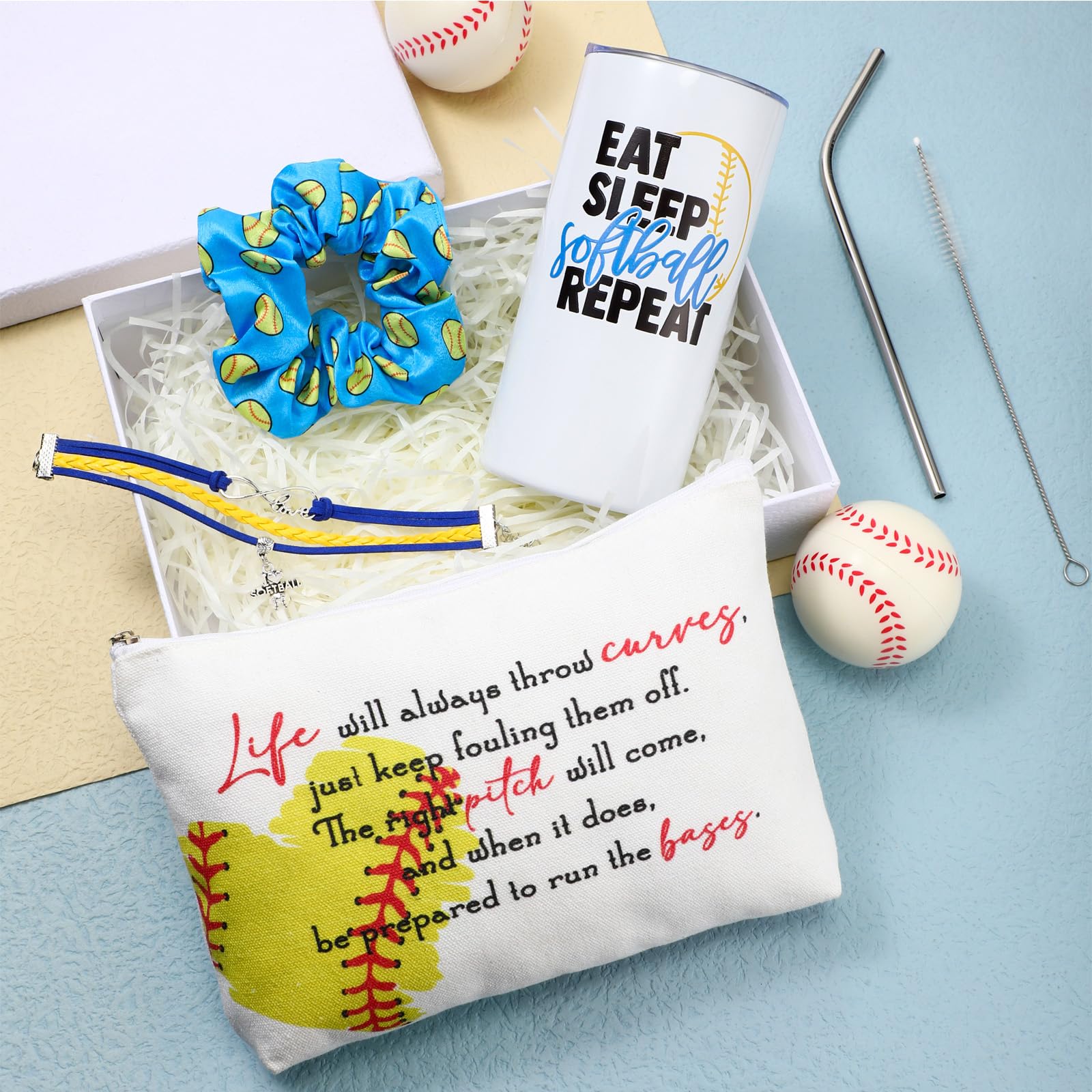 Sieral 4 Pcs Softball Gifts For Girls Softball Tumbler 14Oz Softball Water Bottles Softball Makeup Bag Softball Bracelet Scrunch