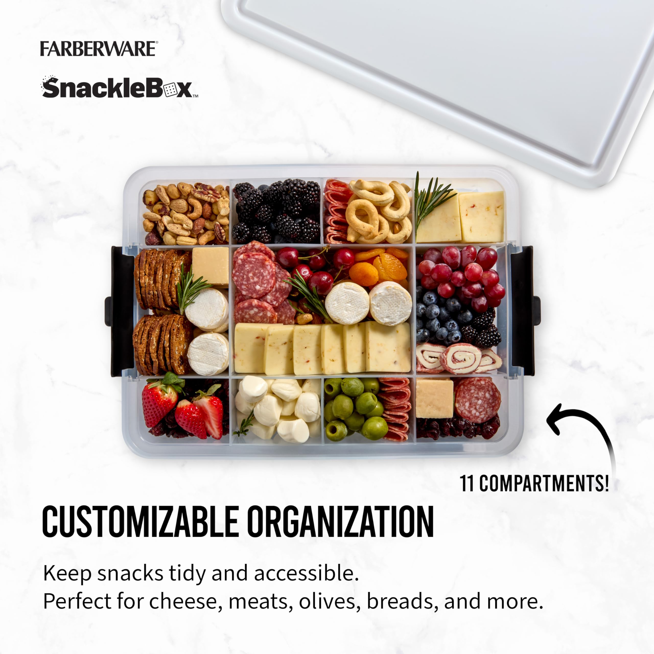 Farberware Large Snacklebox Serving Tray with Locking Lid, 11 Compartments, White, Model 5314753