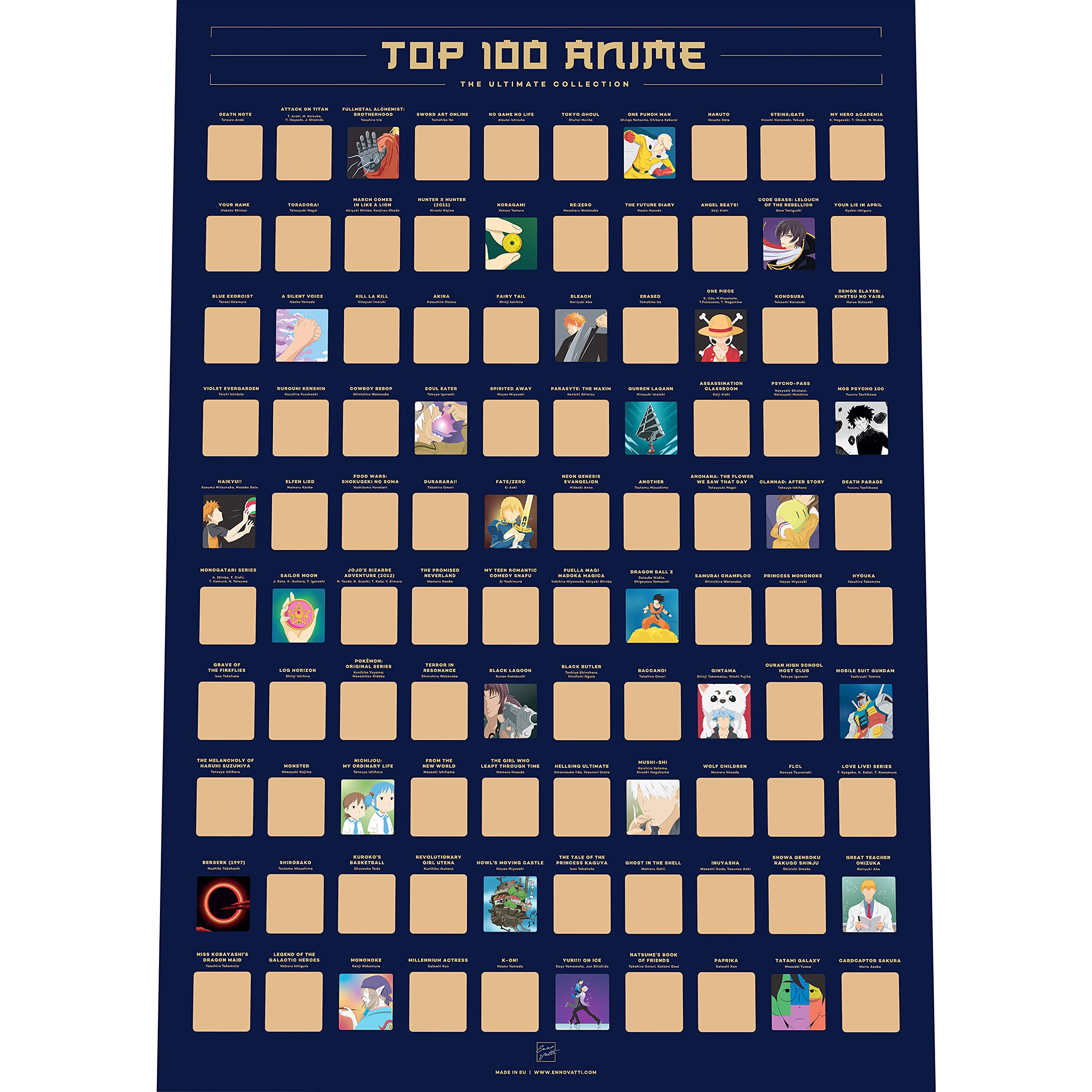 Enno Vatti 100 Anime Scratch Off Poster - Top Animes Of All Time (16.5'' x 23.4'')- Ultimate Bucket List/Cool Anime Stuff- Best Gifts for Anime Lovers  Christmas  Easter  Valentine's Day