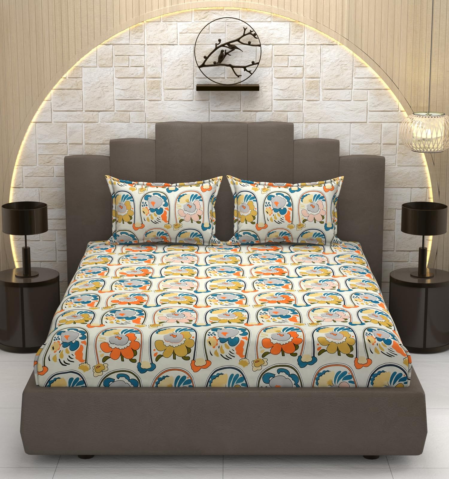 TIB Cloud Cotton King Size Fitted Bed Sheet Set, 72x78x8 Inch, 140TC, Printed, with 2 Pillow Covers, AllRound Elastic (Multy FL