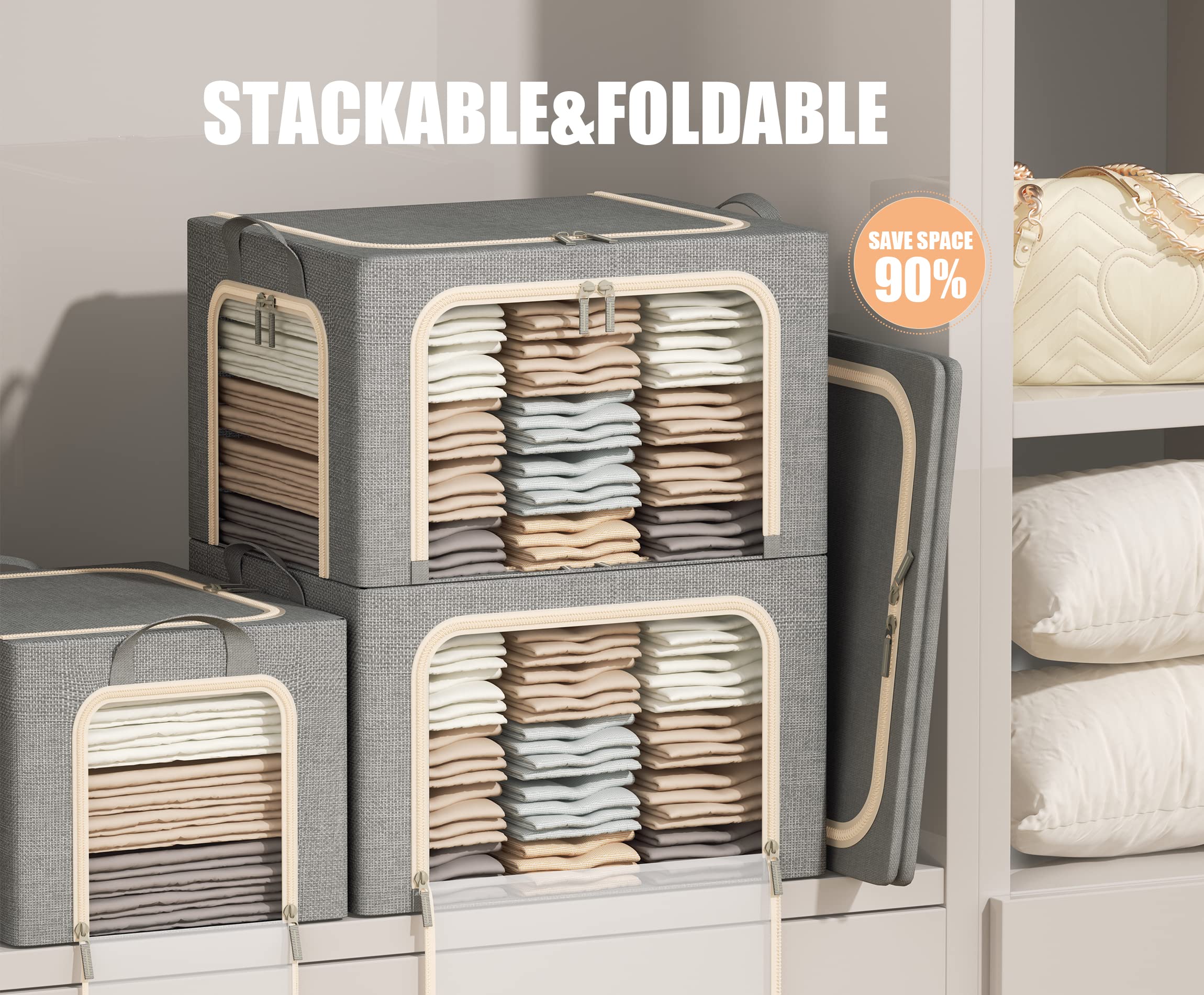 3 Opeings Large Clothes Storage Bins with Metal Frame, Foldable Storage Bin for Clothes, Clothing Storage Bins with Lid, Linen S