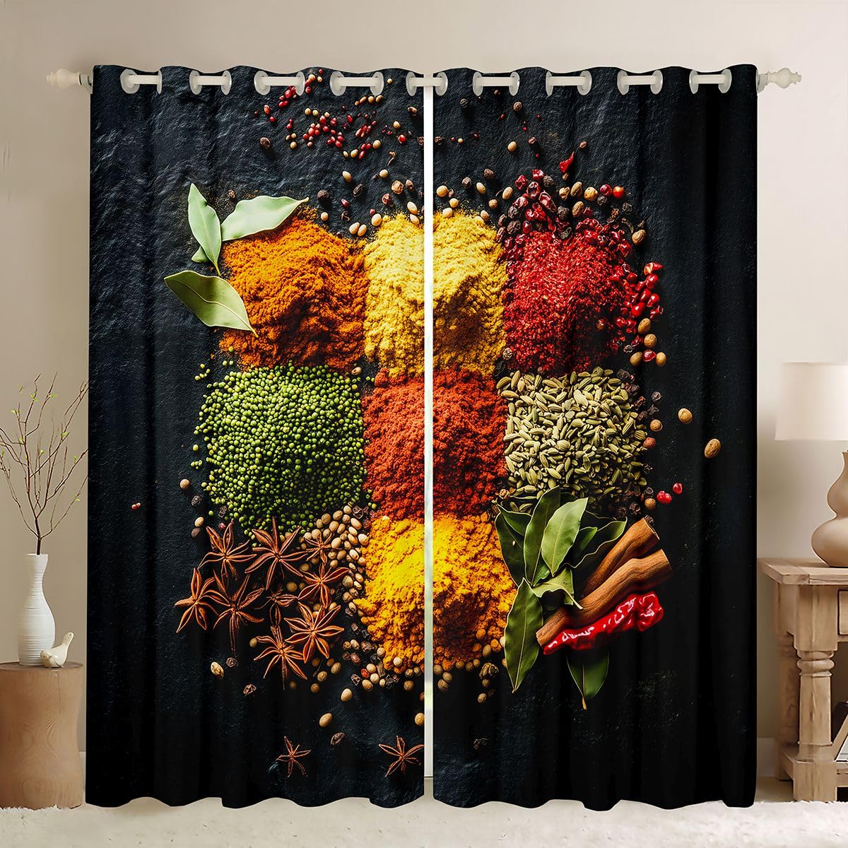 Erosebridal Patchwork Spices Curtains for Living Room Kitchen Cooking Food Black Out Curtains 2 Panel Sets 38 Wx45 L,Bay Leaves 
