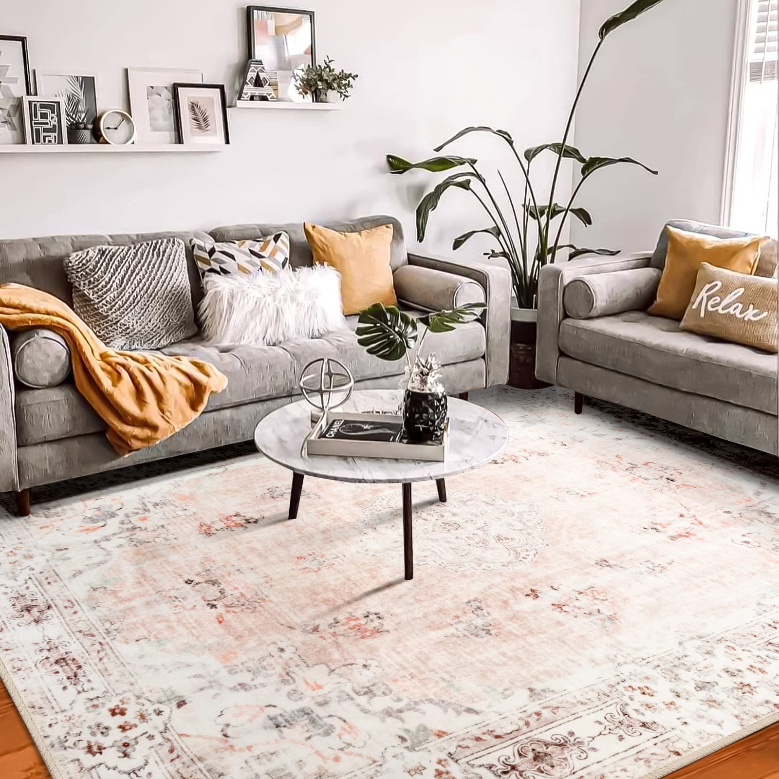 MUJOO Pink Rug 8x10 Area Rugs for Living Room Washable Large Boho Rug for Bedroom Non Slip Abstract Soft Low-Pile Floral Flowe