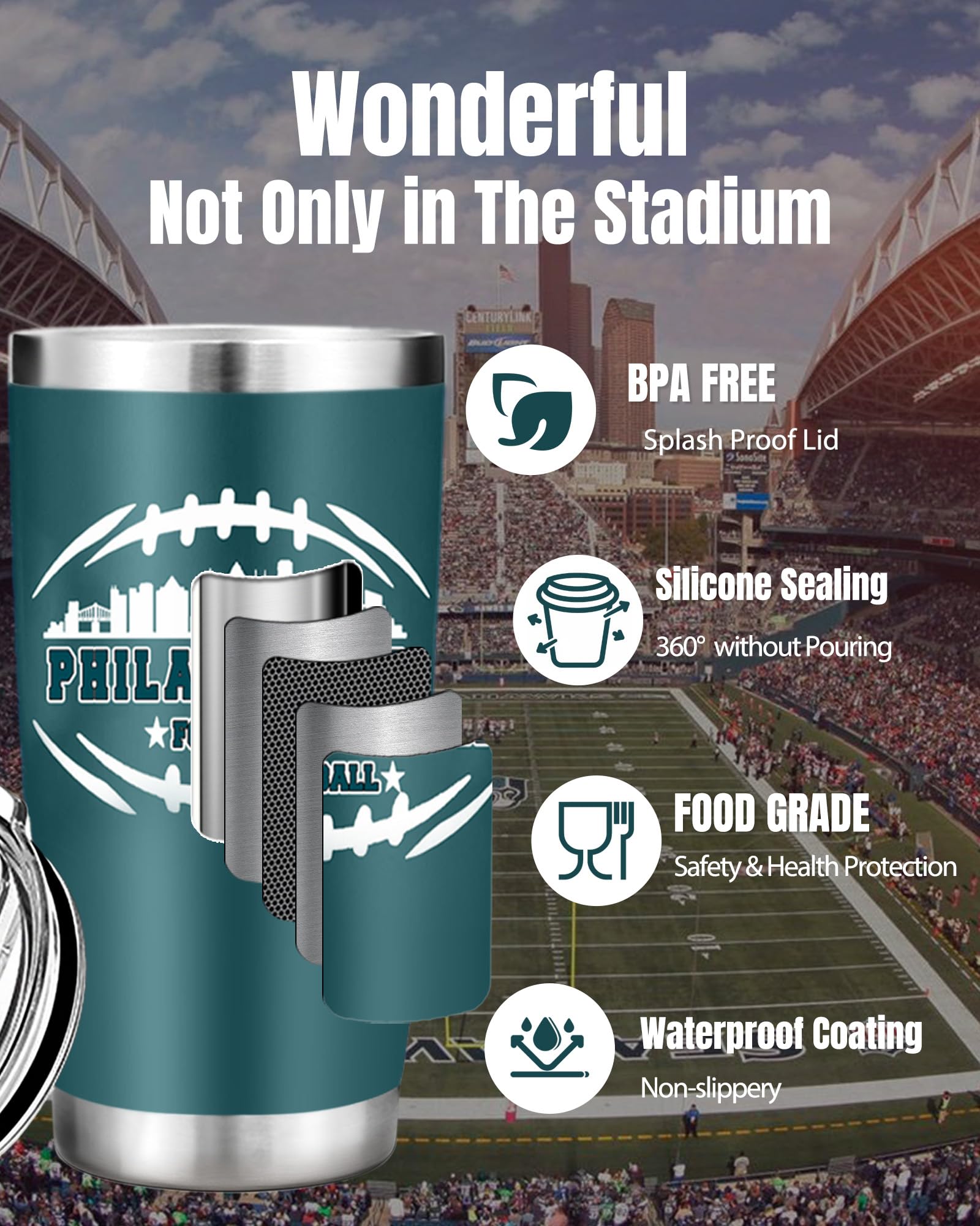 Football Fan 20 Oz Insulated Travel Coffee Cup Mug Tumbler with Lid Philadelphia Themed Merch Shop Men Women Sport Stuff Gear Ap