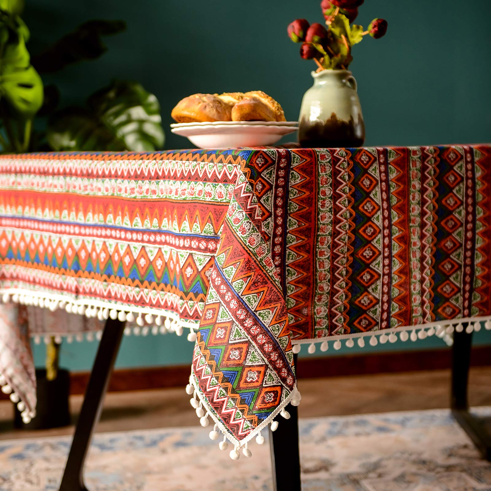 SUTAVIA Pompom Tassel Boho Tablecloth for Rectangle Table Covers Wrinkle Free Linen Bohemian Style Design Table Cloth for Dining Room Tabletop Decoration (Red  52''x70'')