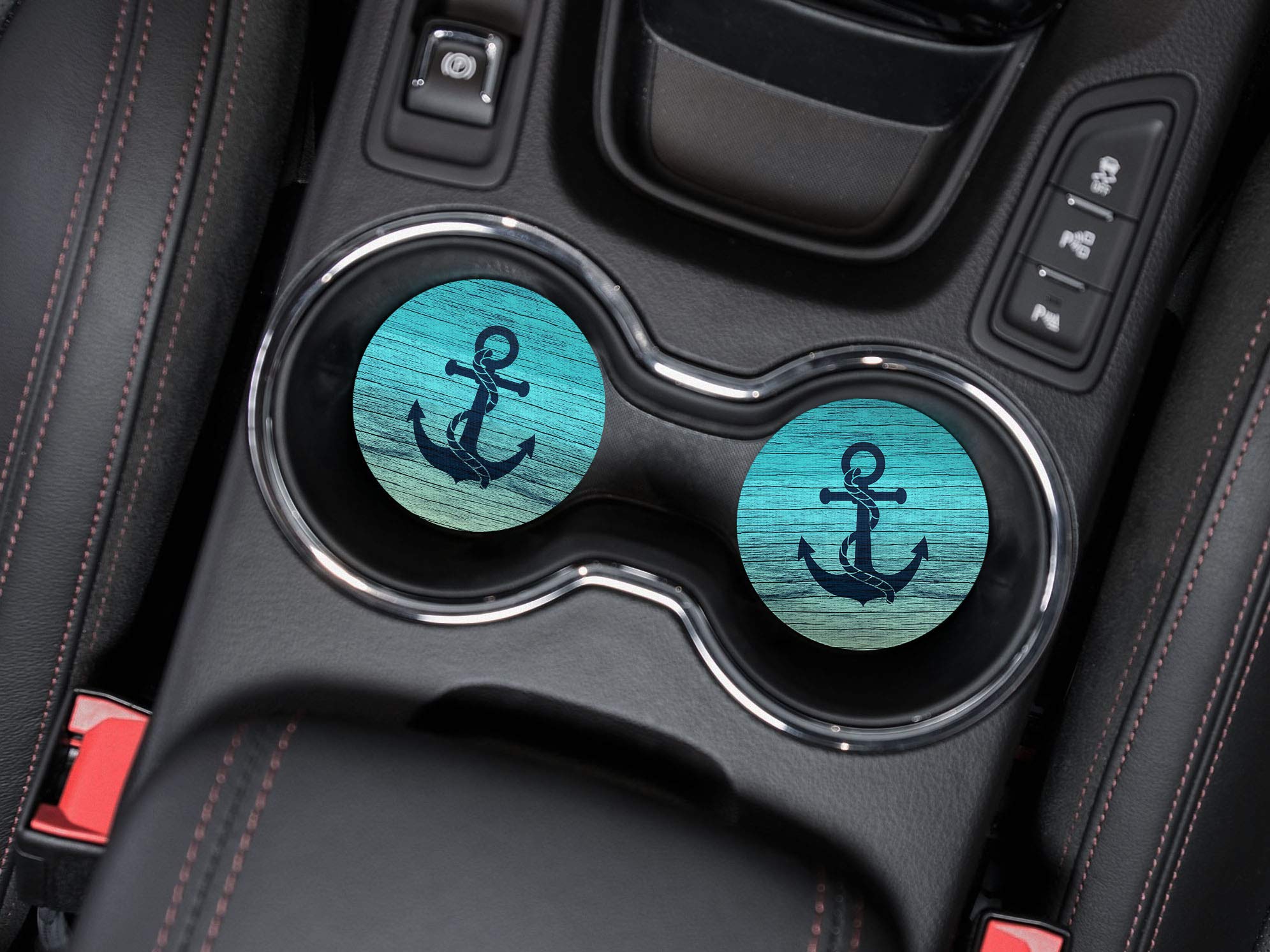 Caribou Coasters , Blue Anchor Wood Design Absorbent Round Fabric Felt Neoprene Car Coasters For Drinks, 2Pcs Set