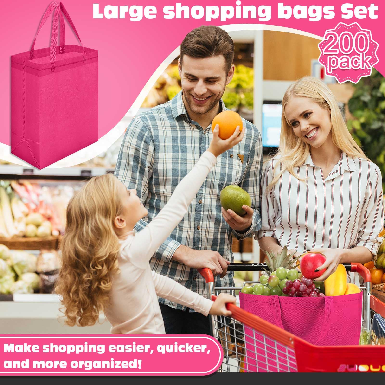 Windyun 50 Pcs Reusable Tote Bag Bulk 8 x 4 x 10 Inch Non Woven Shopping Bag with Handle Christmas Reusable Grocery Gift Tote(Ro