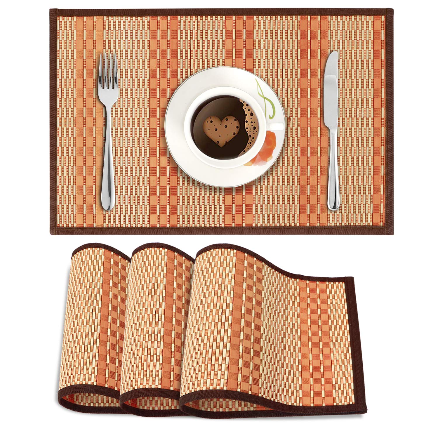 HOKIPO Bamboo Table Mats for Dining Table, Set of 4 Wooden Placemats, 45x30 cm, Orange (AR2816D6)