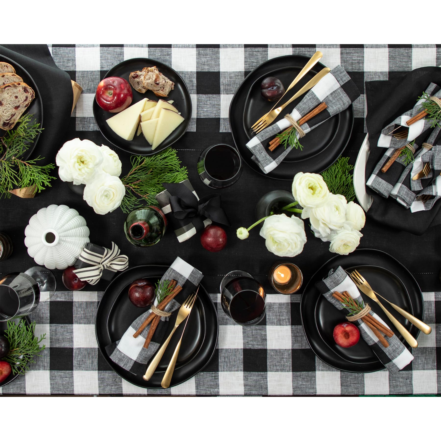 Solino Home Buffalo Check Linen Tablecloth 90 ''L X 60 ''W Inch - 100% Pure Linen Black And White Table Cloth For Rectangle Tabl