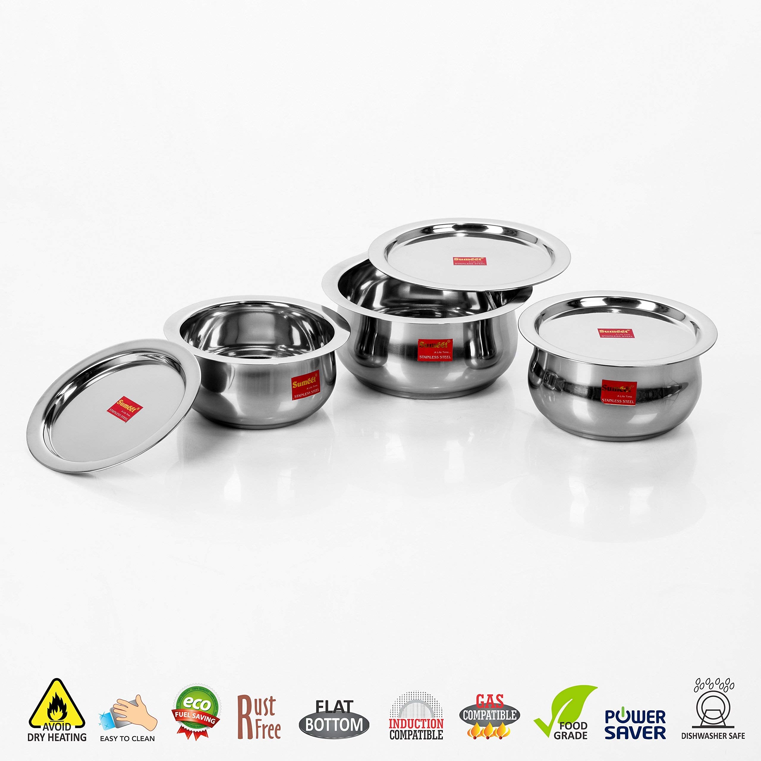 Sumeet 3 Pcs Stainless Steel Induction & Gas Stove Friendly Belly Shape Container Set/Tope/Cookware Set With Lids Size No.12 to