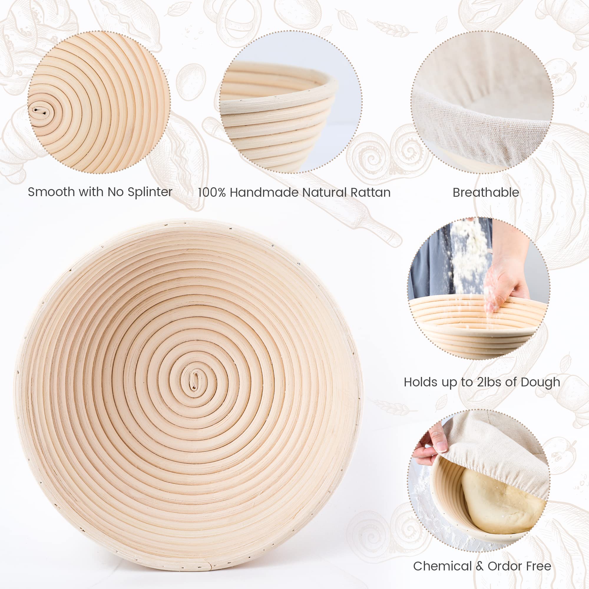 Komiikka Bread Proofing Baskets Set Of 2, Sourdough Bread Making Supplies Starter Kit, Bread Making Tools, Proofing Basket For B