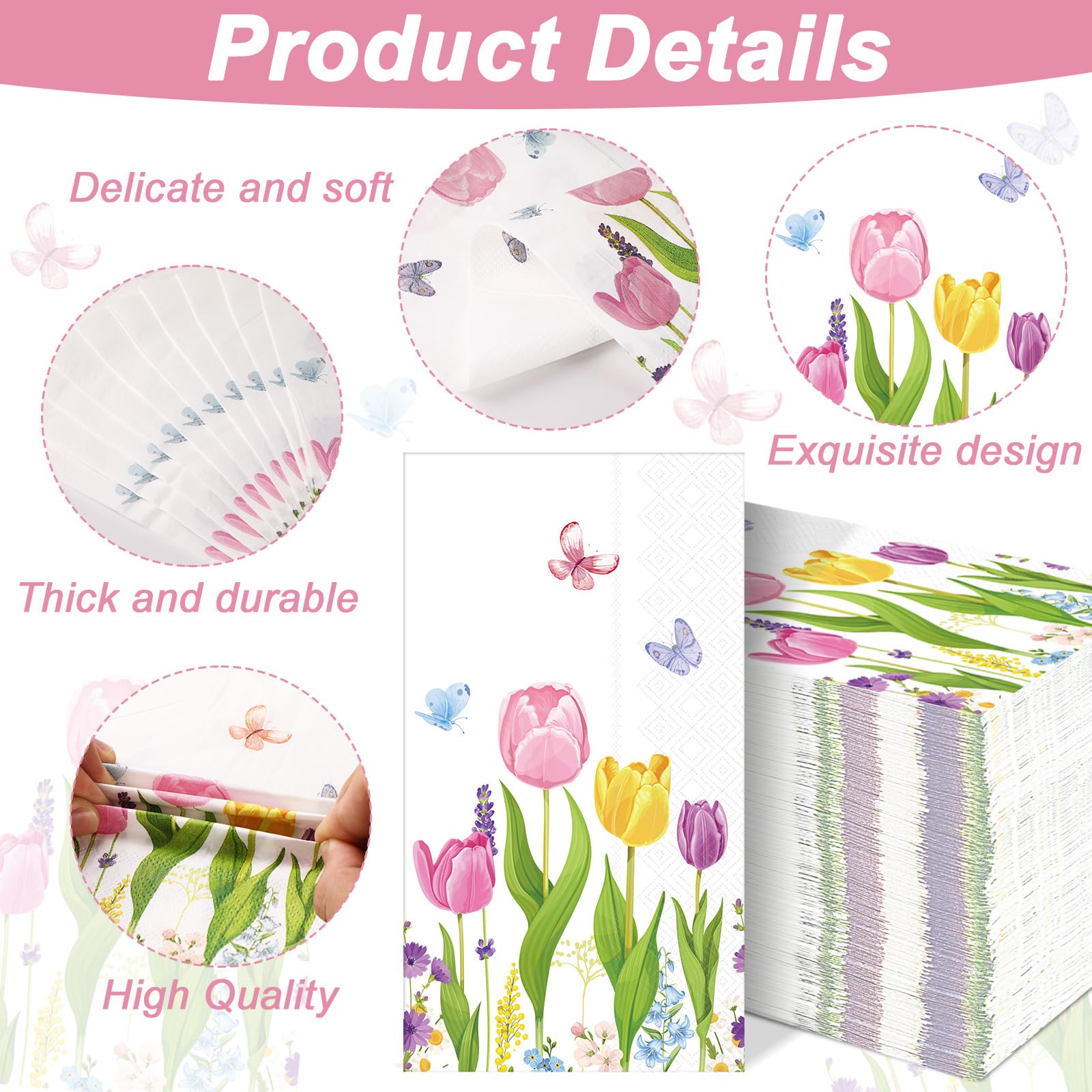 Gisgfim 100 Pcs Tulip Floral Guest Napkins Spring Flowers Disposable Napkins Tulip Dinner Hand Napkins Tulip Flowers Guest Towel