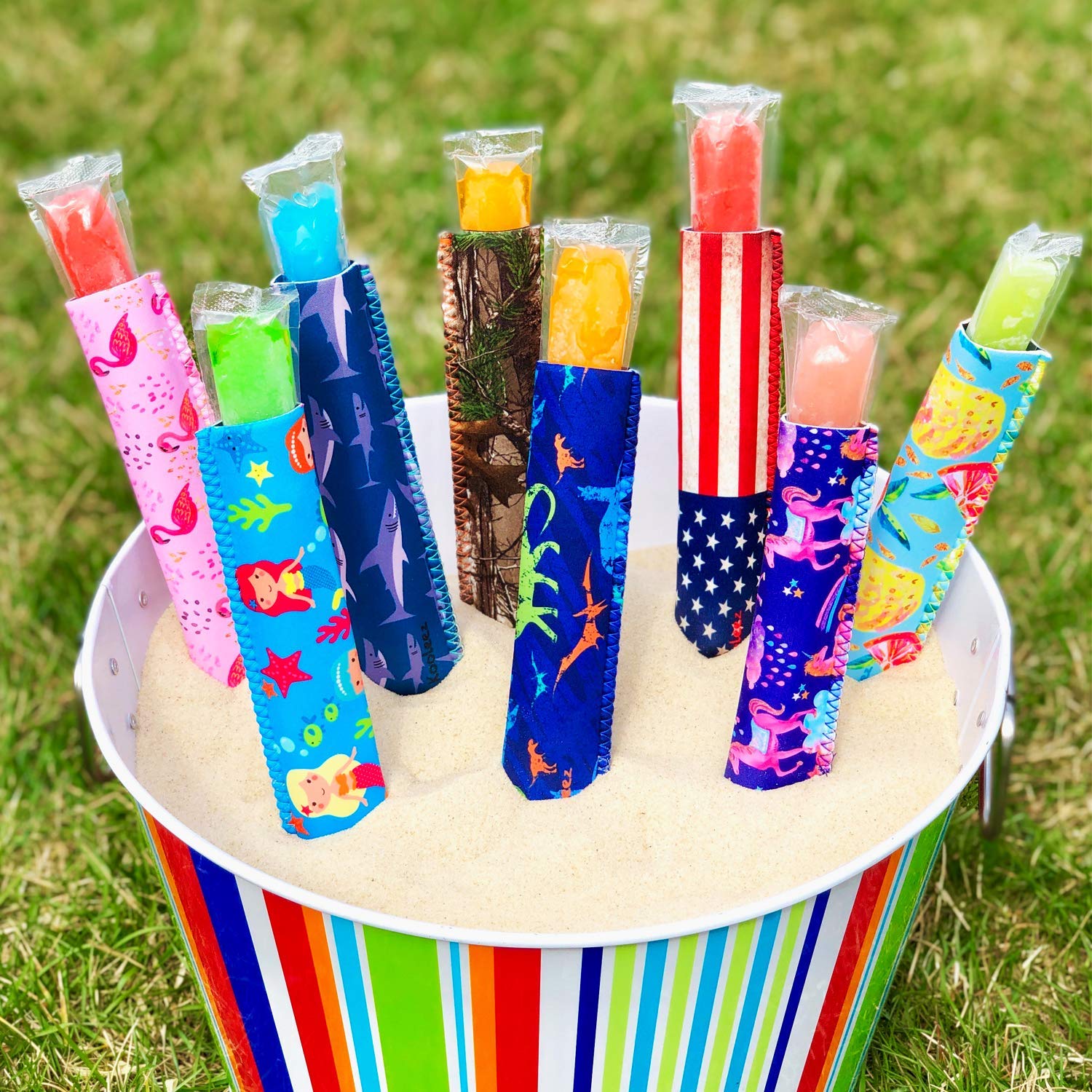 Kooleez - #1 The Original Neoprene Full Length Freezer Pop Sleeve, Ice Pop Sleeve 8-Pack - Fun Kid Styles Popsicle Party Pack