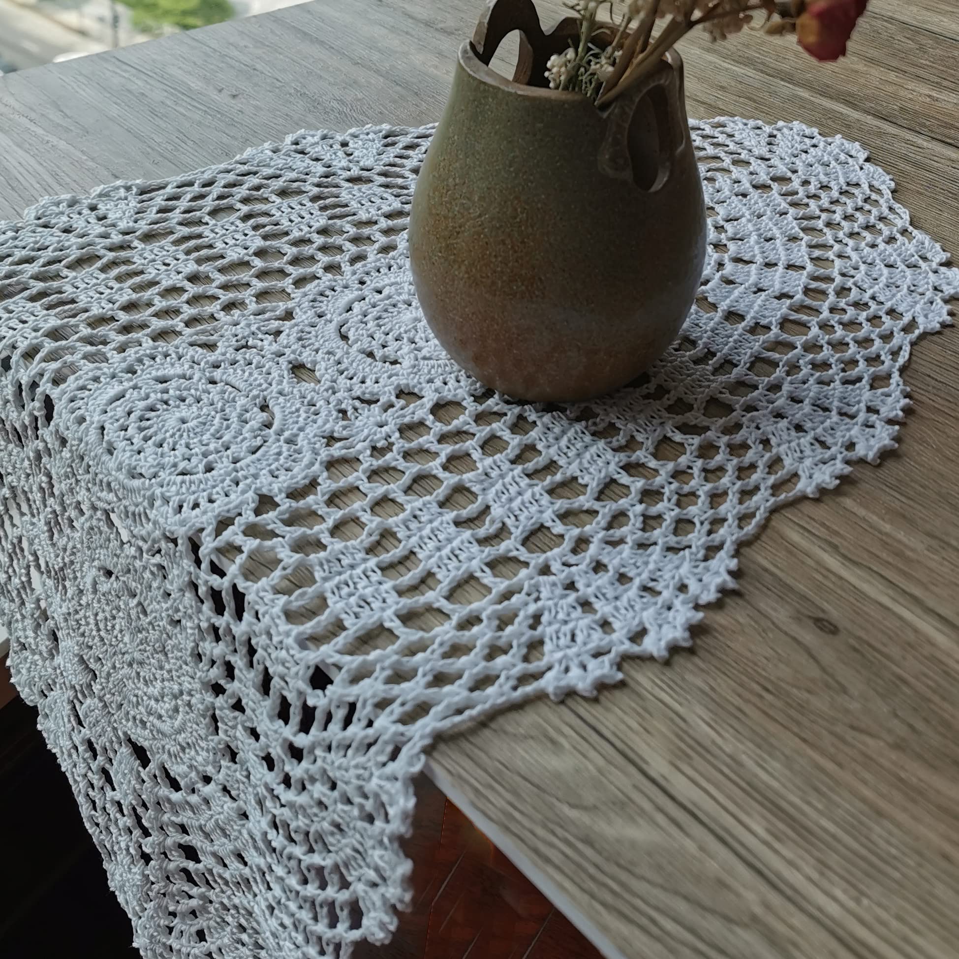 Phantomon Oval Lace Table Runner Doilies Floral Table Scarf Furniture Cloth Cover Handmade Crochet Placemats, 100% Cotton (White
