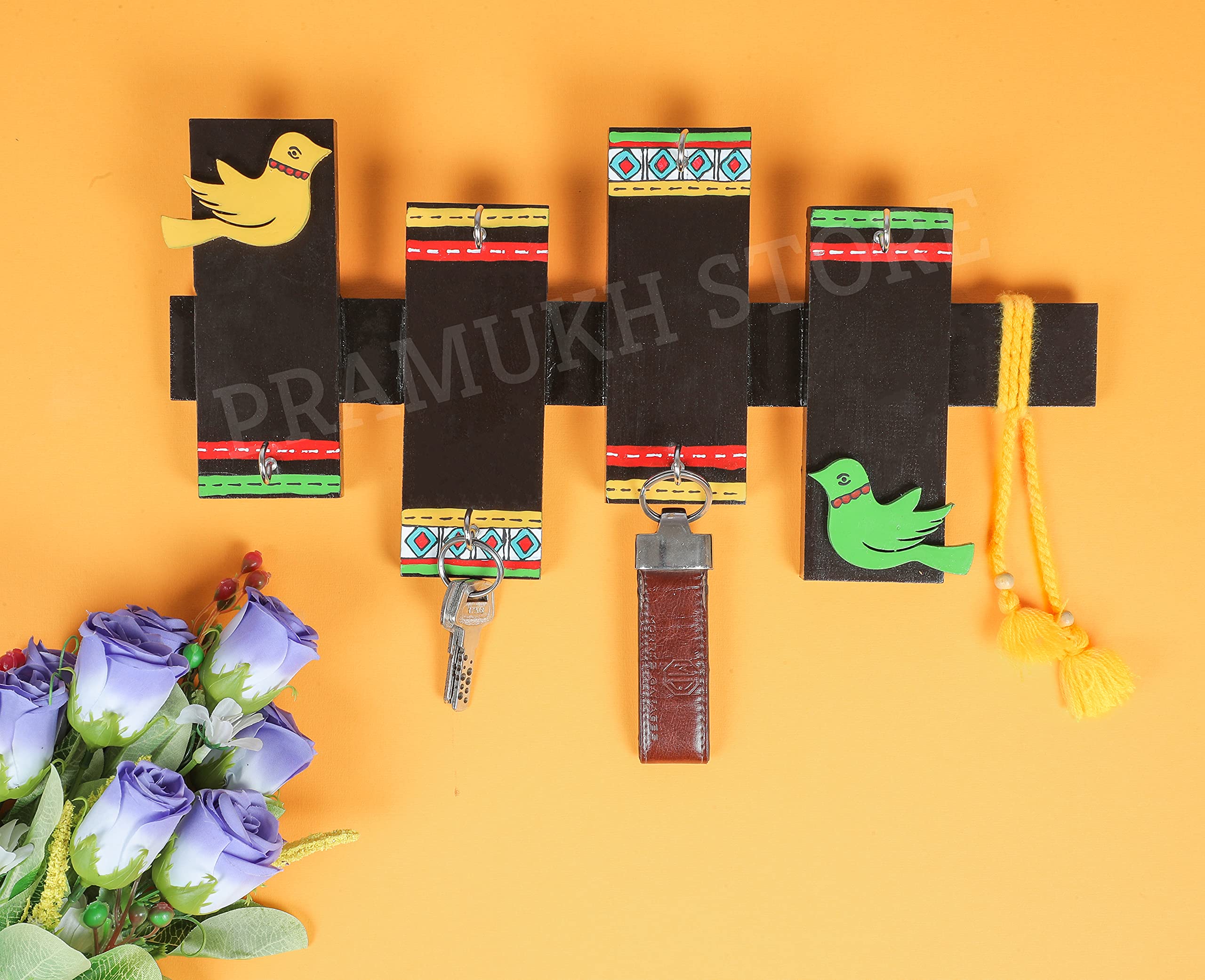 PRAMUKH STORE HandPainted Wooden Key Holder for Wall Decor in Wood with 6 Hooks  Bird  Latkan. Home Decor Wooden Wall Decor K