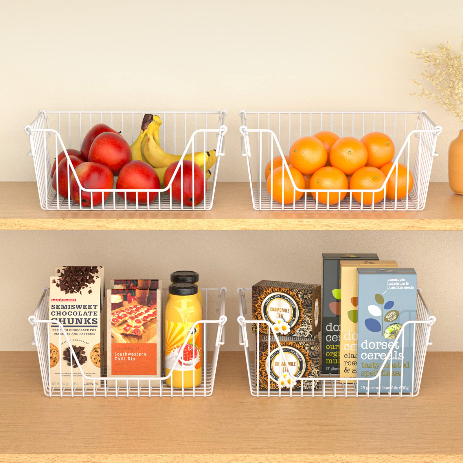 Slideep 14'' Large Bin Baskets Stacking Baskets Sturdy Metal Wire Storage Baskets Organization With Handles For Pantry, Kitchen,