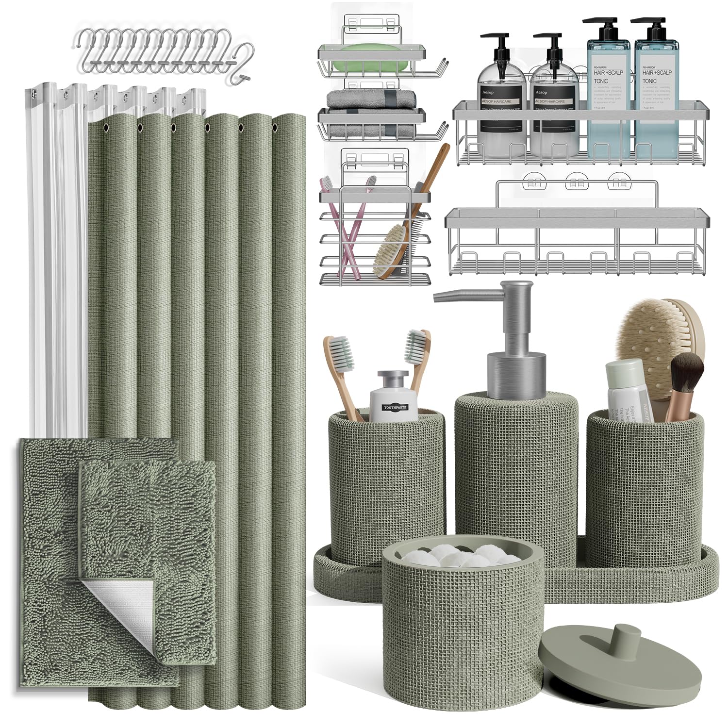 Clara Clark Sage Green Bathroom Set - Bathroom Sets with Shower Curtain and Rugs, 26PC Bathroom Accessory Set, Shower Curtain Se