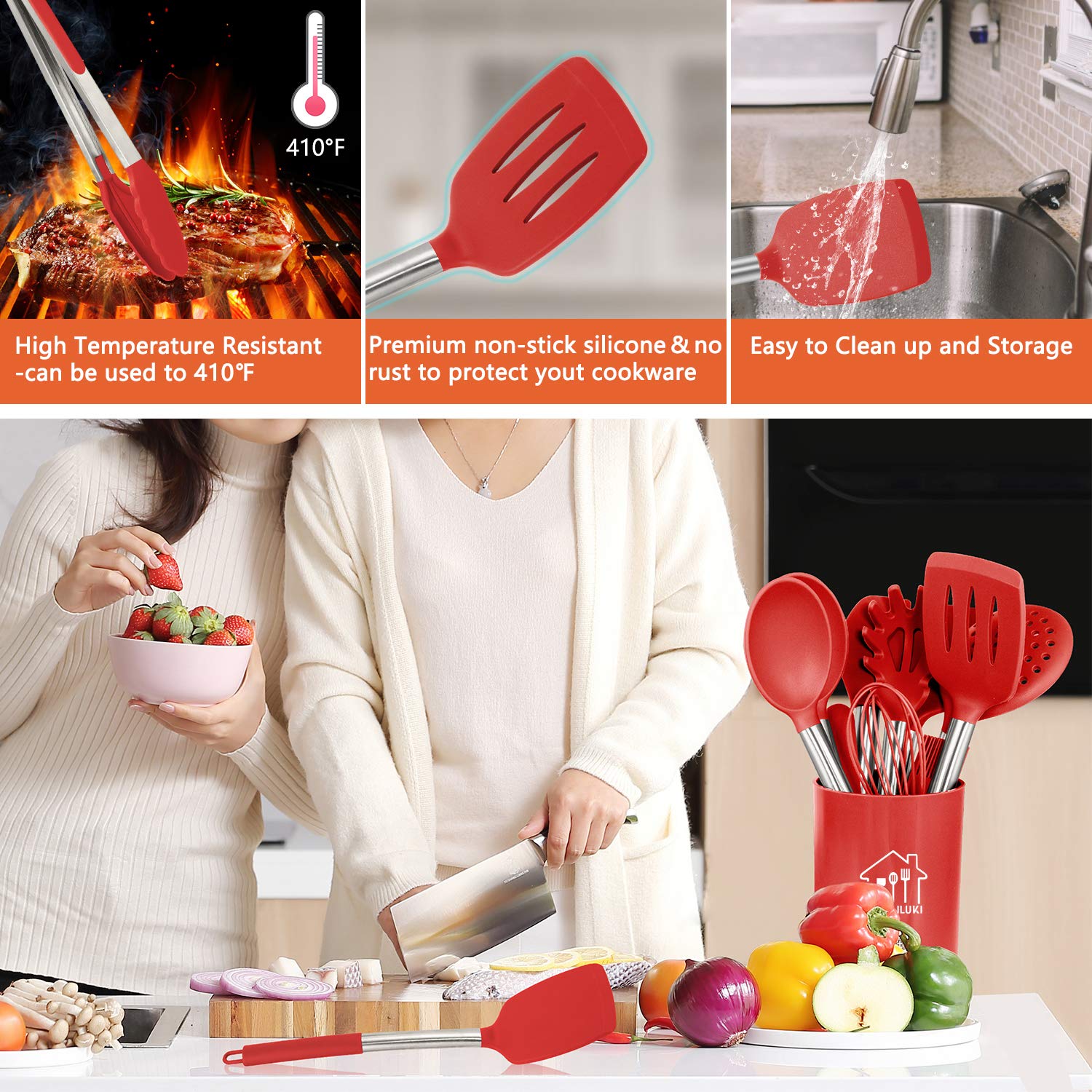 Silicone Cooking Utensil Set,Kitchen Utensils 26 Pcs Set,Non-Stick Heat Resistant Silicone,Cookware With Stainless Steel Handle