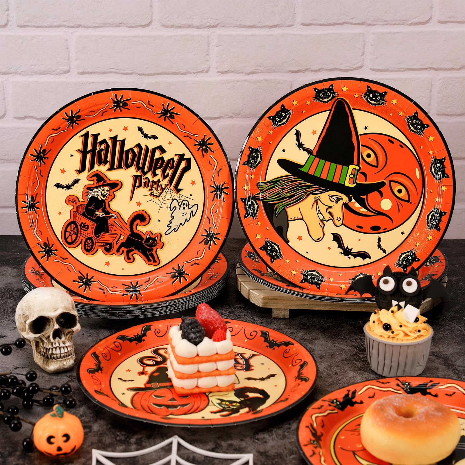 24 Pcs Halloween Paper Plates 9 In Black Cat Witch Pumpkin Ghost Plates Orange Black Spooky Halloween Party Plate Vintage Dispos