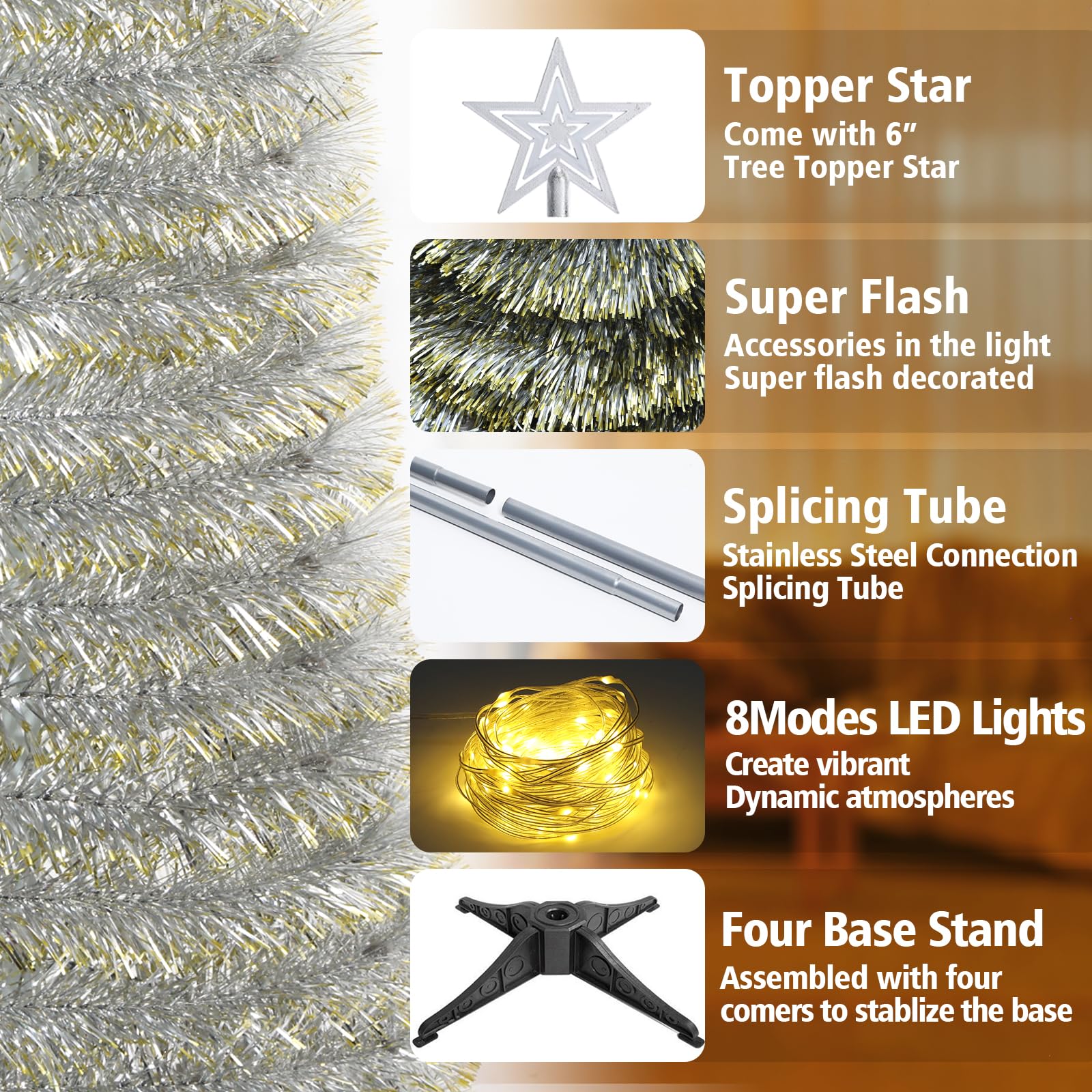 SINTENILL 5 FT Pop Up Christmas Tree with Timer Lights and Decorations, Silver Tinsel Artificial Christmas Tree with 24 Balls Or