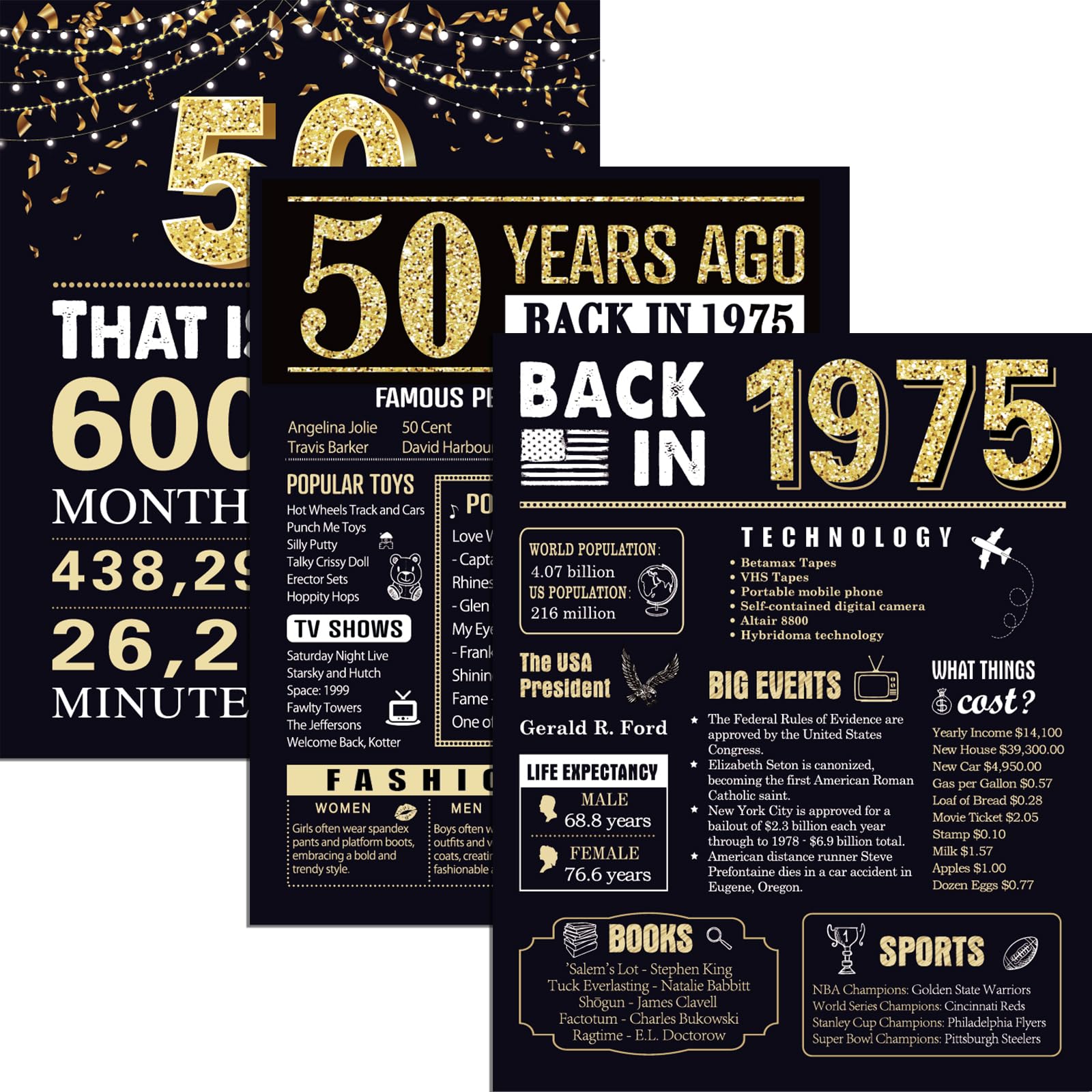 50 Years Ago 50th Birthday Wedding Anniversary Poster 3 Pieces 11 x 14 70s Party Decorations Supplies Large Sign Home Decor Black & Gold Wall Art Prints for Men and Women (Back in 1974-50 Years)