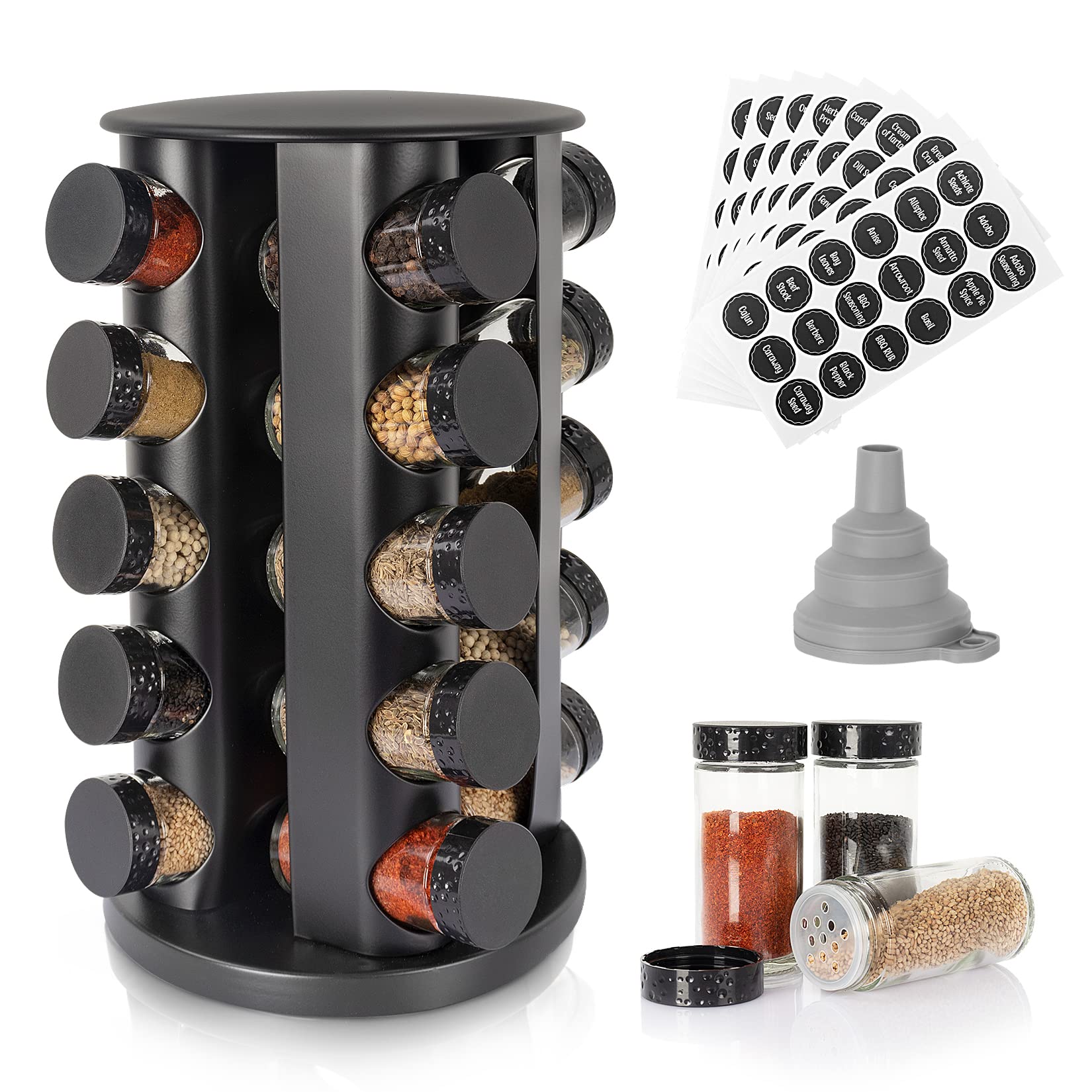 Tianifa Black Countertop Rotating Spice Rack, Round Empty 20Jars Revolving Spice Rack Organizer, 135 Spice Labels with Funnel C