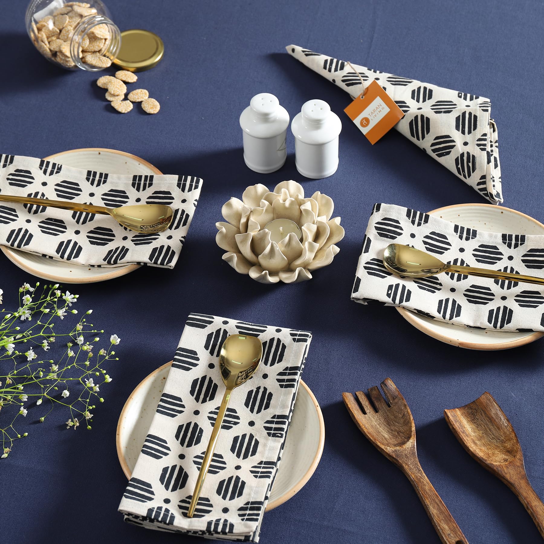 Taran Geometric Beige Print Cotton Dinner Napkins Set Of 12 | 18X18 Inches | 100% Natural, Reusable Linens For Dinner, Events, W