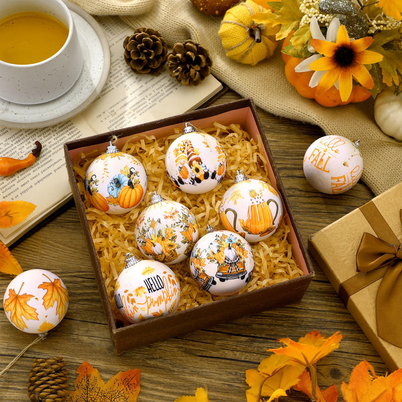 Outus 16 Pcs Thanksgiving Ornaments Ball for Tree Fall Autumn Ball Decorations Pumpkin Maple Leaf Hanging Ornament for Fall Harv