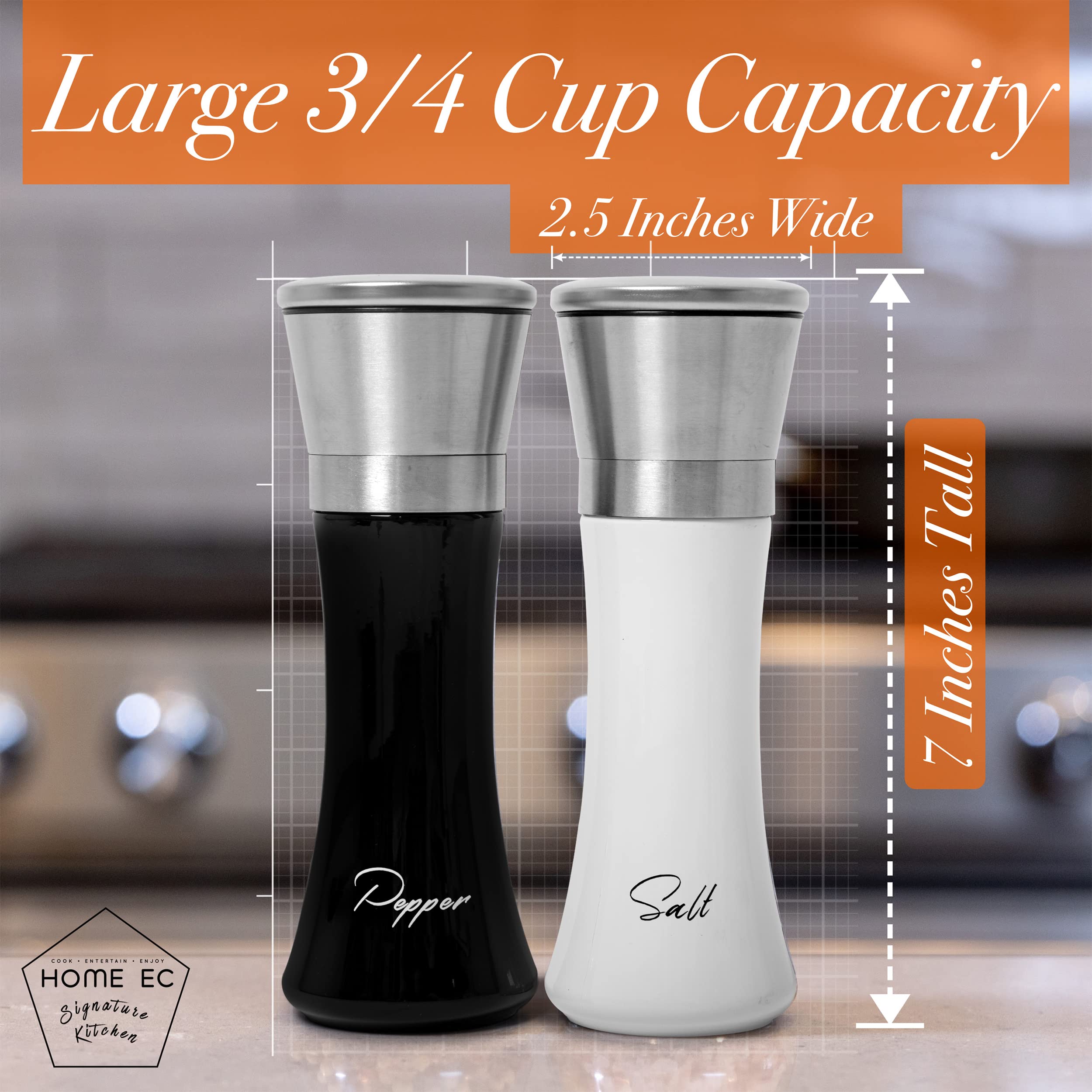 Home Ec Stainless Steel Salt And Pepper Grinder Set Of 2 - Adjustable Ceramic Sea Salt Grinder & Pepper Grinder - Glass Salt And