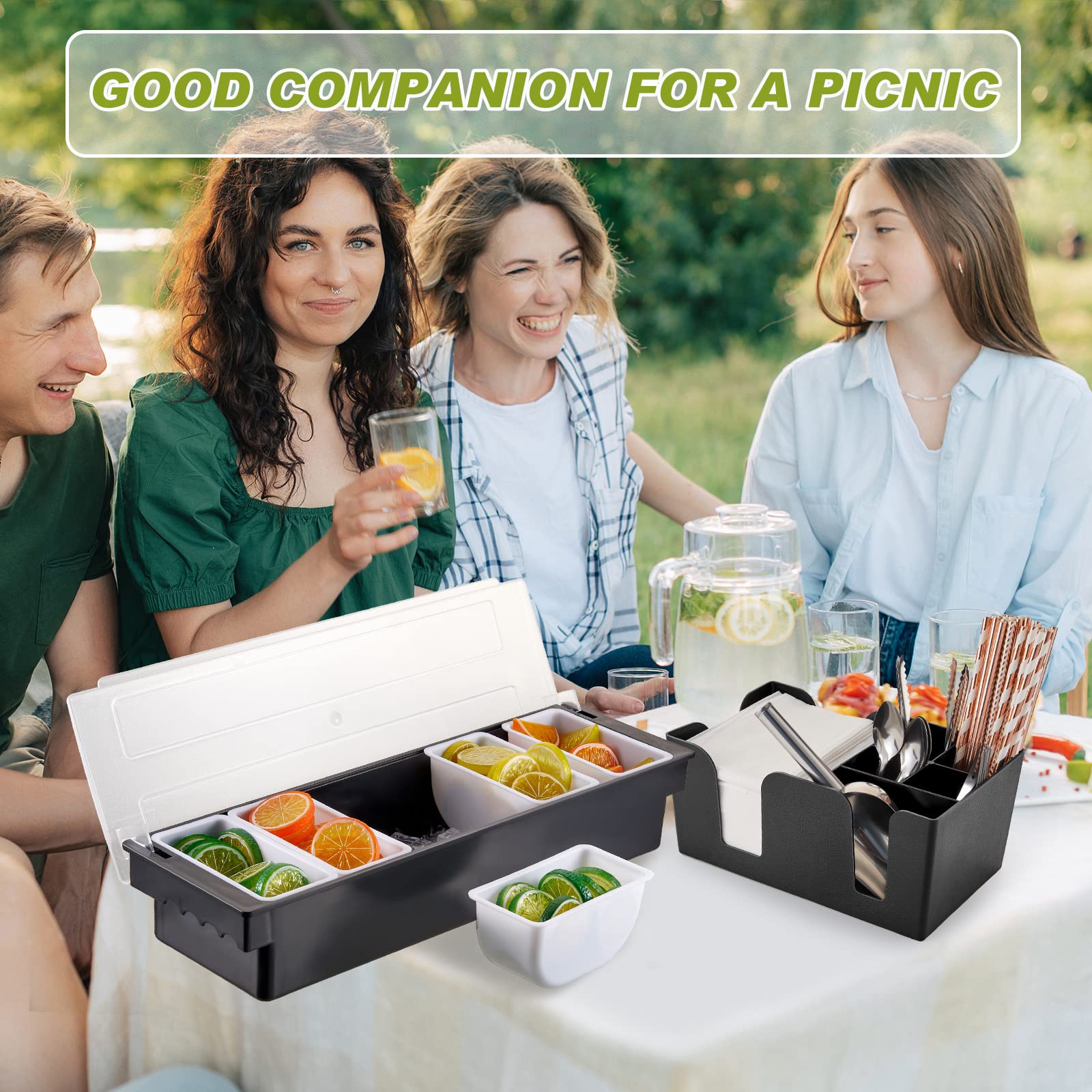 Tessco Garnish Tray With Lid Bar Caddy Ice Cooled Condiment Serving Container With Stainless Steel Ice Scoop 3 Metal Mini Servin