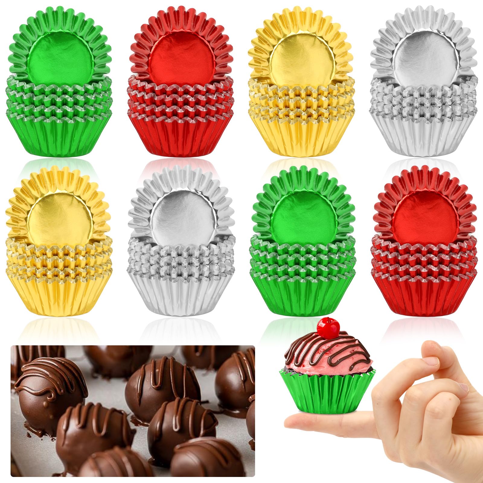 AUGSUN 400pcs Christmas Mini Foil Cupcake Liners Golden Red Green Silver Cupcake Baking Cups Metallic Mini Muffin Cupcake Wrappe