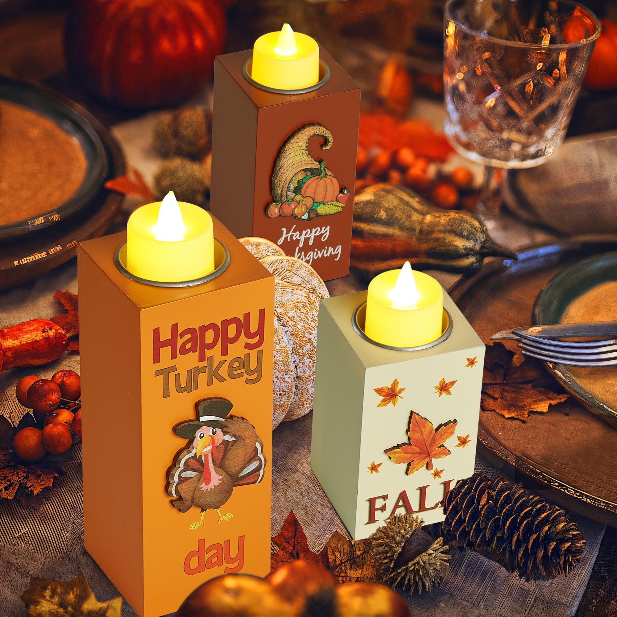 BlcTec Thanksgiving Decorations for Home 3 PCS Wood Candle Holders with LED Tea Lights & 3D Carving Craft, Rustic Candle Centerp