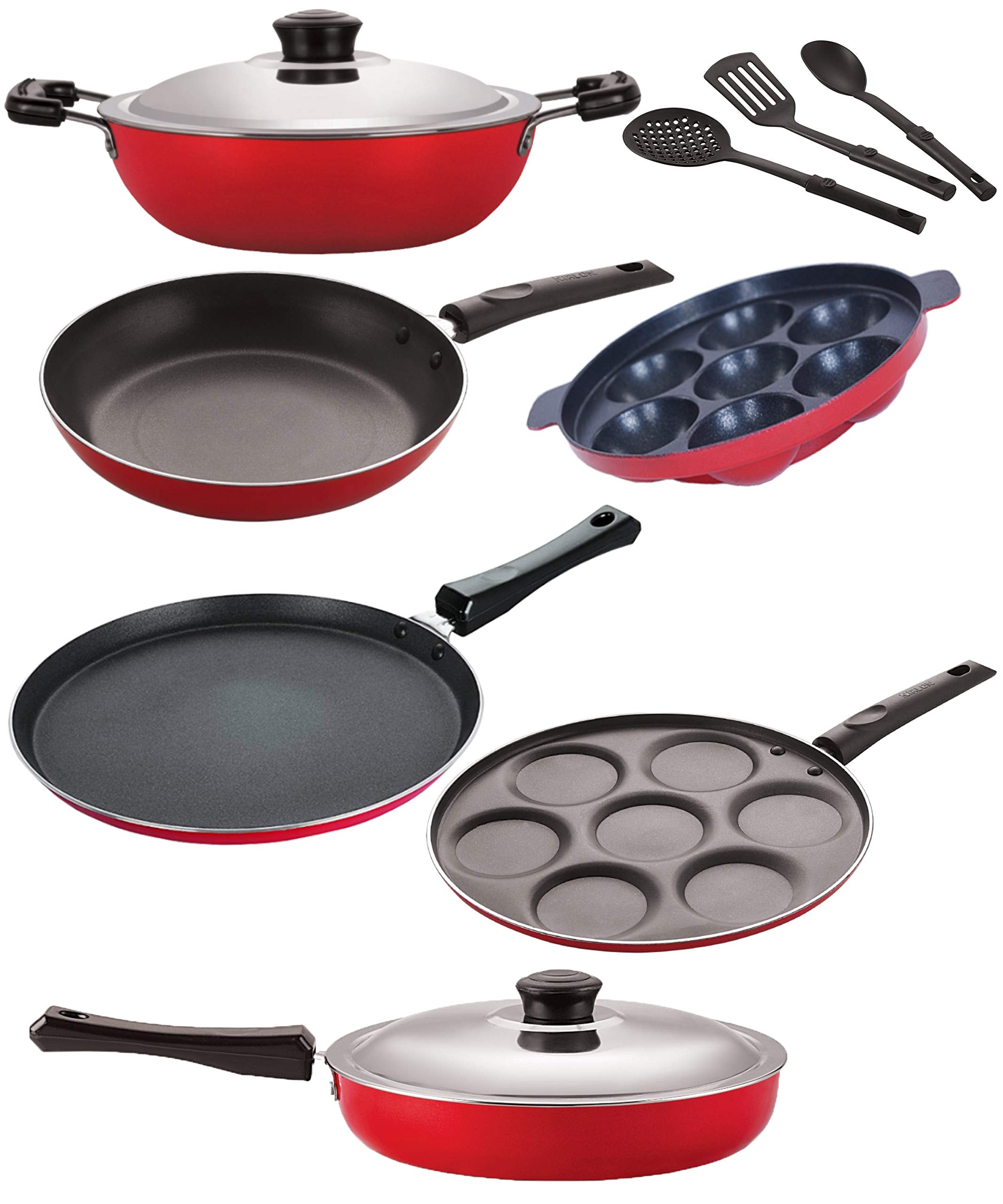 Nirlon Non Stick Aluminium Kitchenware Item Cookware Set Of 9 Pieces (2.6Mm_Ft13_Dkdm_Up7_Tp_Ap7_Fp12_3Spn)