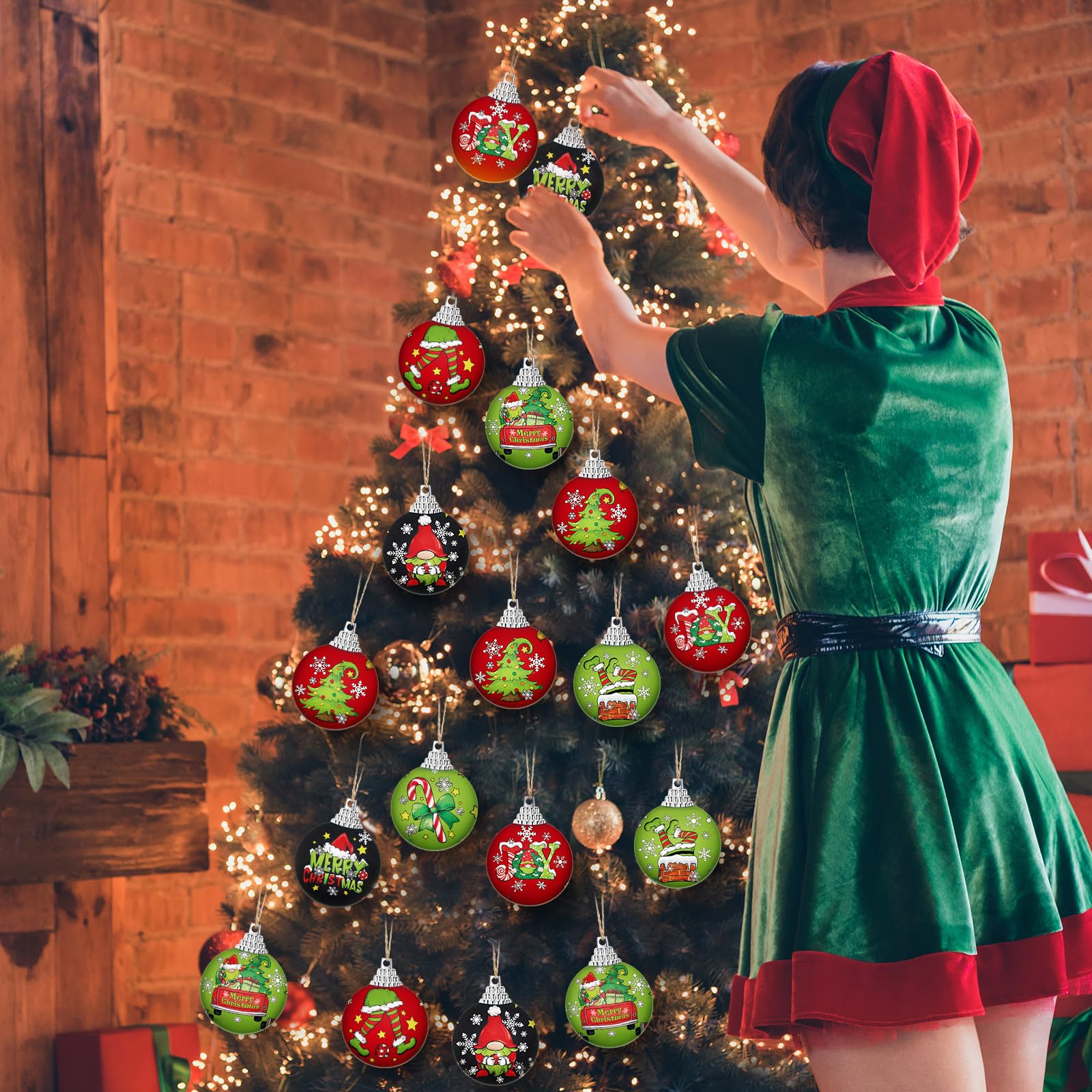 Outus 16 Pcs Christmas Ball Ornaments for Tree Red and Green Merry Christmas Hanging Ornaments Xmas Elf Balls for Tree Decoratio