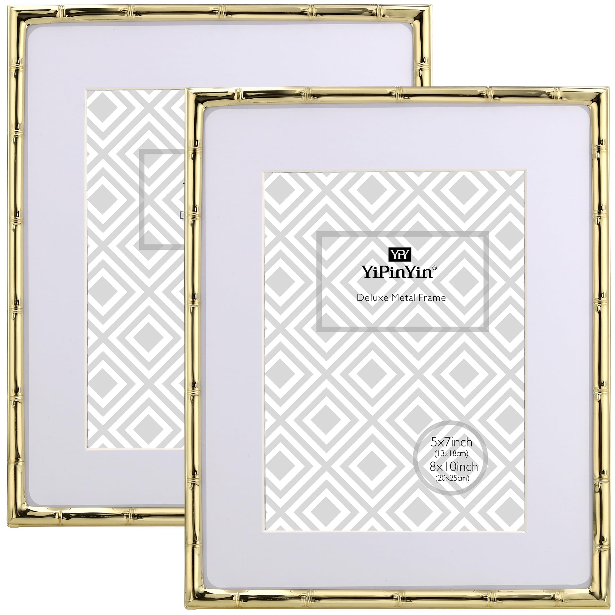 YiPinYin 8x10 Bamboo Detail Gold Metal Picture Frame with Mat for 5 X7 Set of 2, Elegant Narrow Plated Photo Frames 5x7 Wi