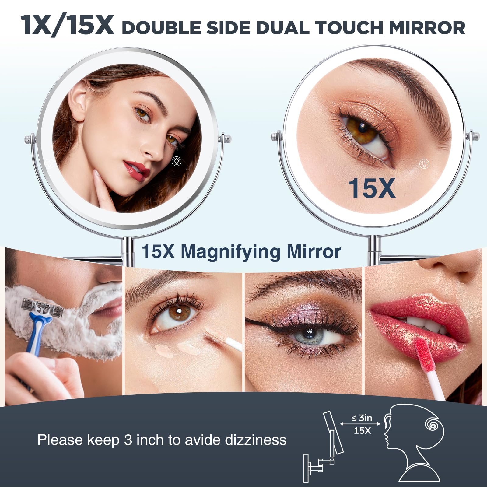 Wall Makeup Mirror With Lights - 1X/15X Led Extended Arm Magnigying Mirror, 3 Color Lights & 360Swivel Vanity Mirror, 8In Bathro