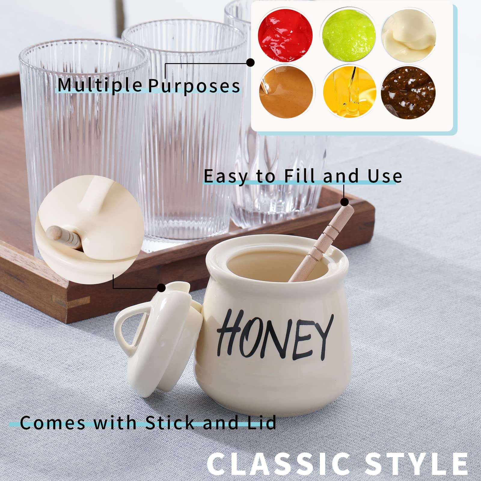 Haotop Porcelain Honey Jar With Lid And Honey Dipper 12Oz (Beige)