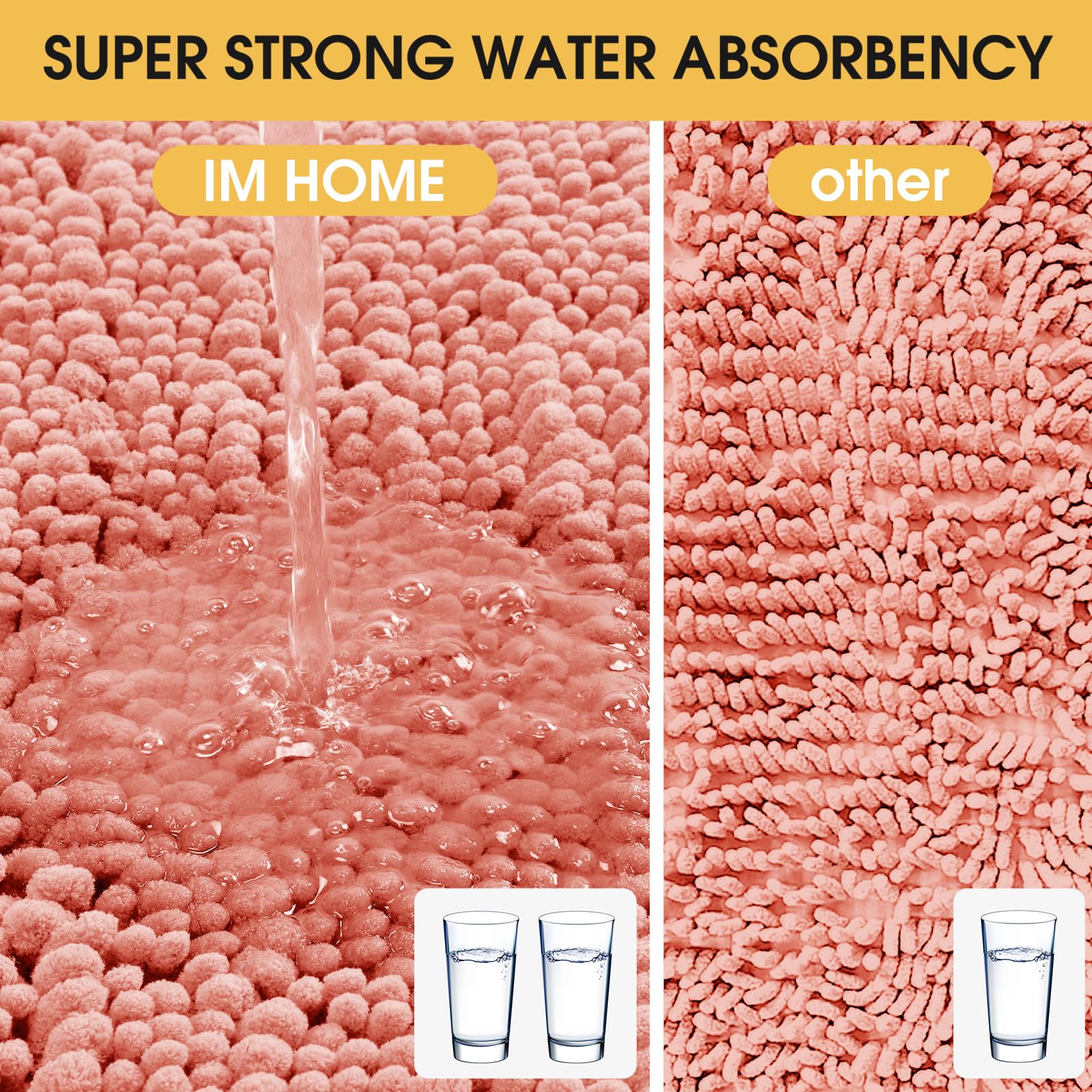 Accumtek Upgrade Extra Large Coral Bathroom Rug Set 3 Pieces Ultra Soft, Thick Absorbent Bath Mats, Non Slip Chenille Toilet Mat