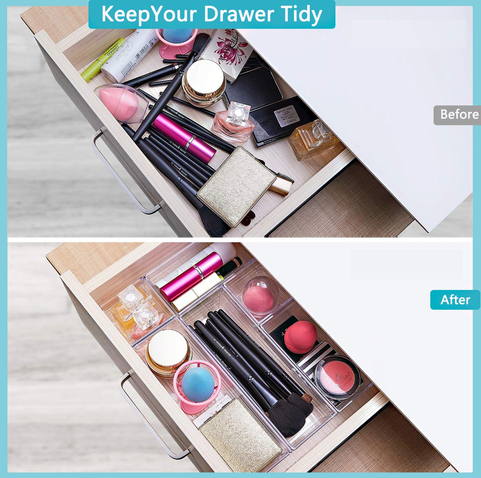 DCA 12 PCS Clear Plastic Drawer Organizer Set, 4 Sizes Makeup organizer, Vanity Organizer for Makeup, Stationery,Gadgets,Kitchen