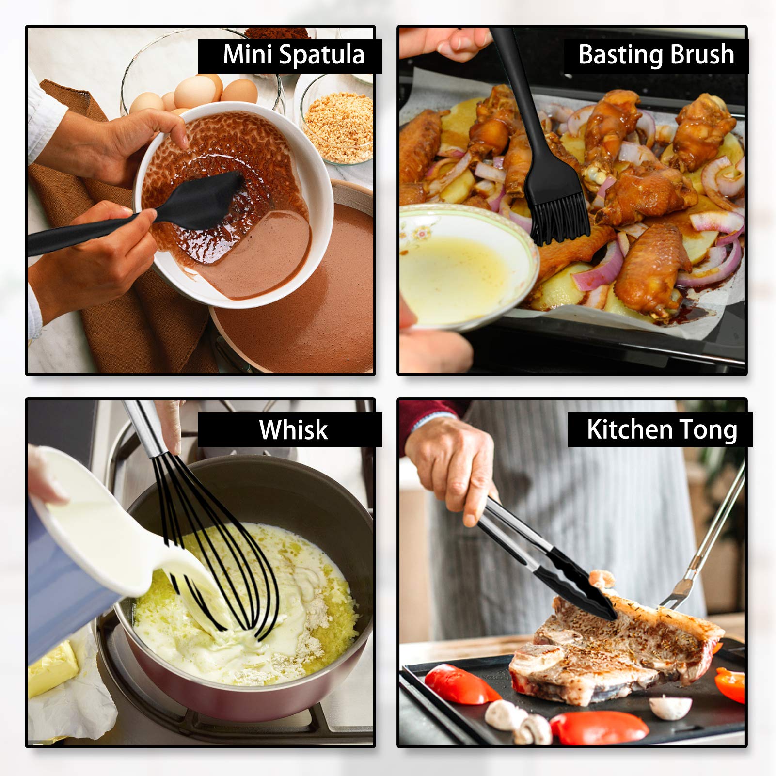 Teamfar Kitchen Cooking Utensils, 11 Pcs Black Silicone Cooking Utensils Spatula Set Heat Resistant For Nonstick Cookware, Perfe