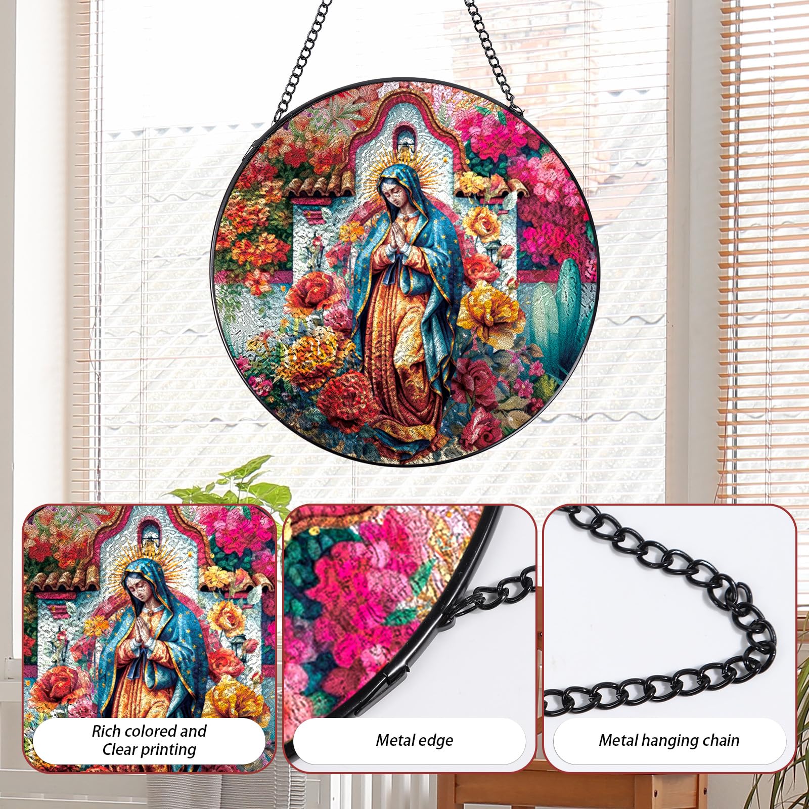 Rngmsi Lady of Guadalupe Stained Glass Window Hanging, 7.8 Sun Catchers Indoor Window Decor