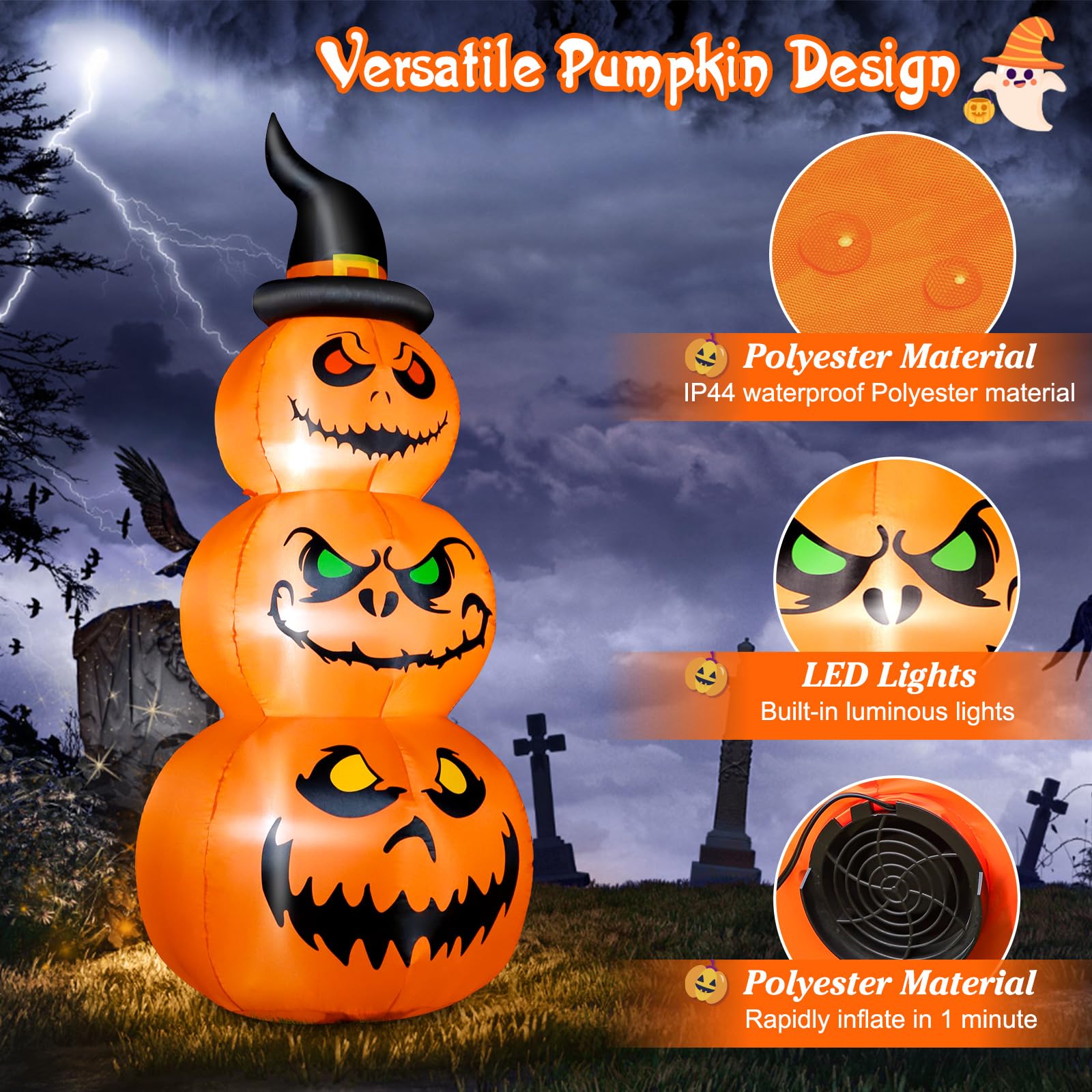FunFanso 6FT Halloween Inflatable Pumpkins Outdoor Yard Decorations, Blow up Pumpkins with Witchs Hat and Bright LED Lights, Spo