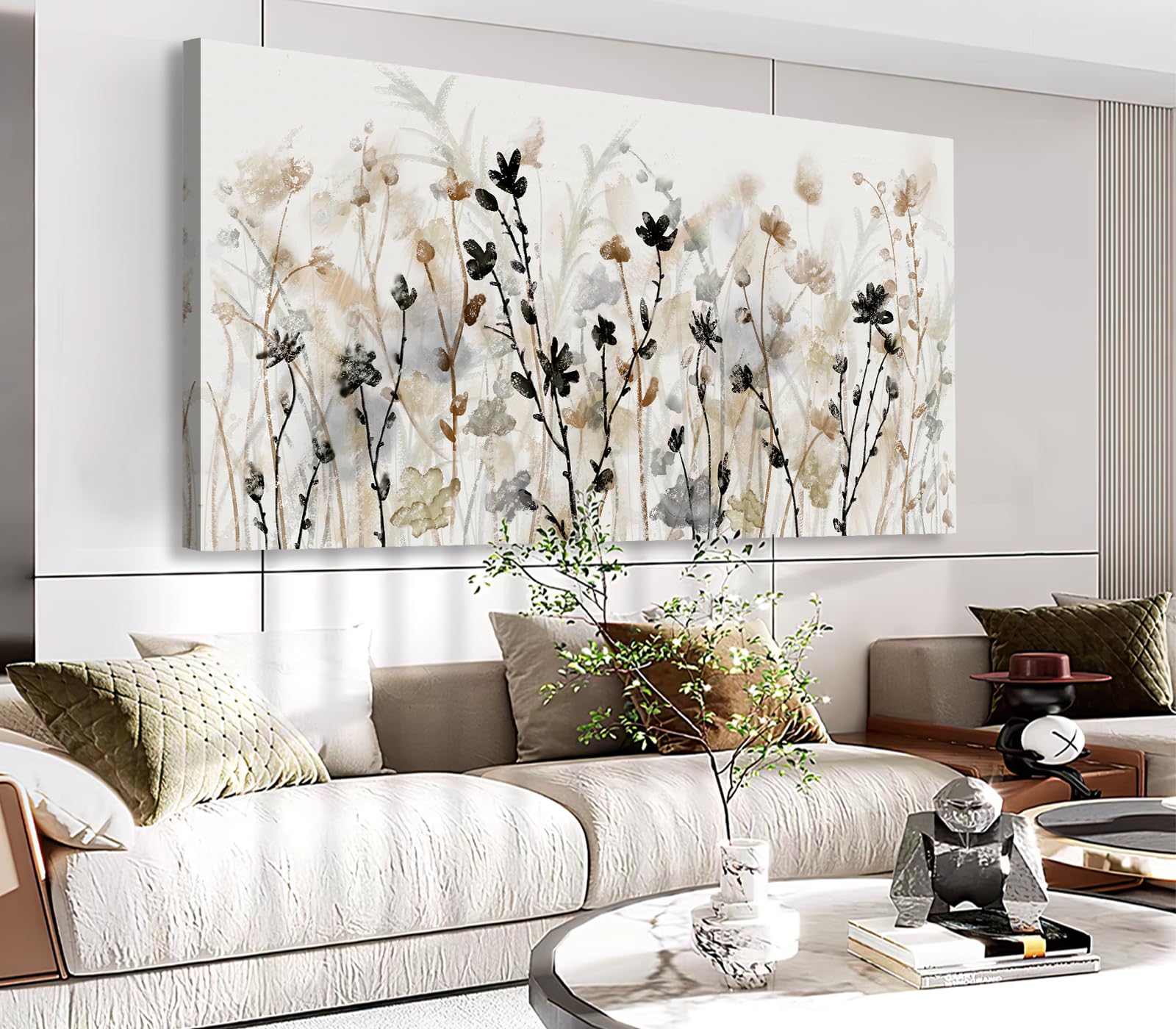 Abstract Floral Canvas Wall Art Grey Cream White Grass Flowers Canvas Pictures Modern Landscape Painting Botanic Artwork For Liv