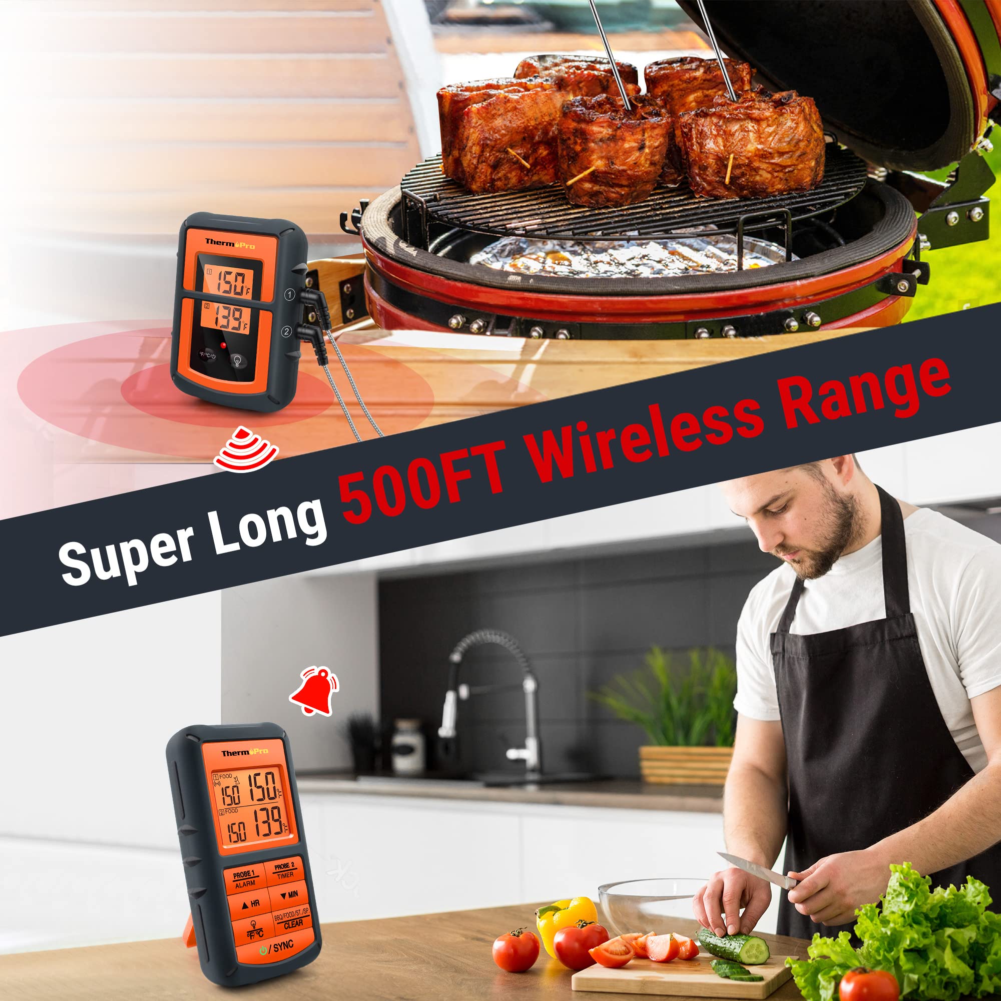 ThermoPro TP08 500FT Wireless Meat Thermometer for Grilling Smoker BBQ Grill Oven Thermometer with Dual Probe Kitchen Cooking Fo