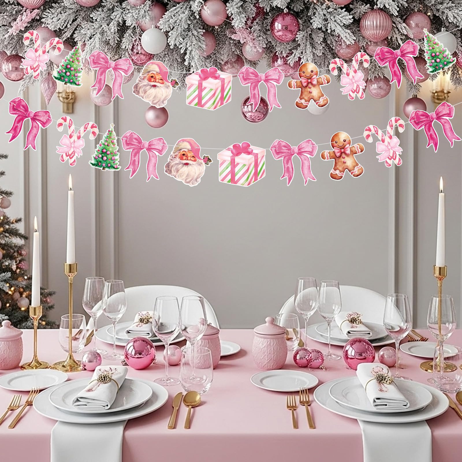 Oudain 2 Pack Pink Christmas Paper Garland 6.56 ft Christmas Tree Santa Gingerbread Man Candy Cane Pink Bow Hanging Bunting Bann