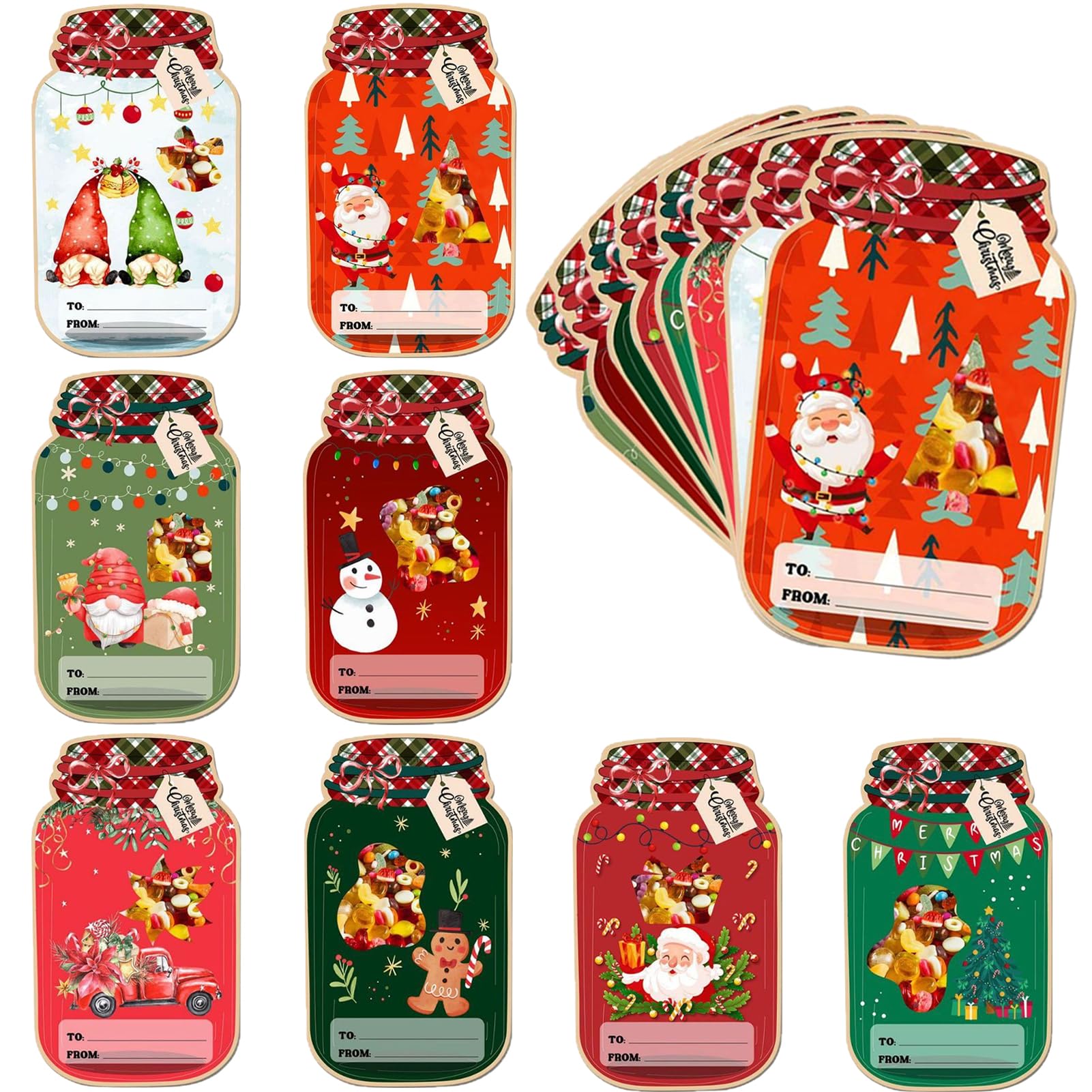 Hewyom 48 Pack Christmas Mason Jar Cards 8 Design DIY Candy Cards with 50 Clear Treat Bags for Stocking Stuffers, Kids Christmas
