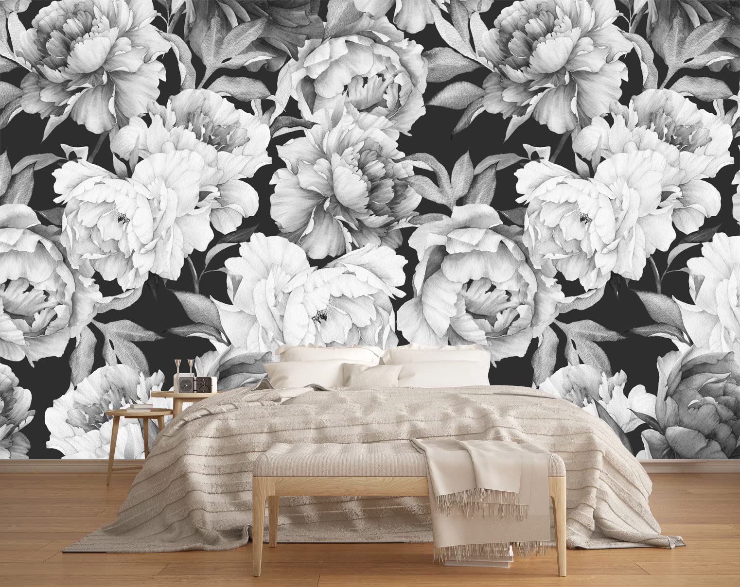 Mfwfm Black And White Peonies Wallpaper Watercolor Floral Mural Wallpaper For Bedroom Living Room (Not Peel N' Stick)